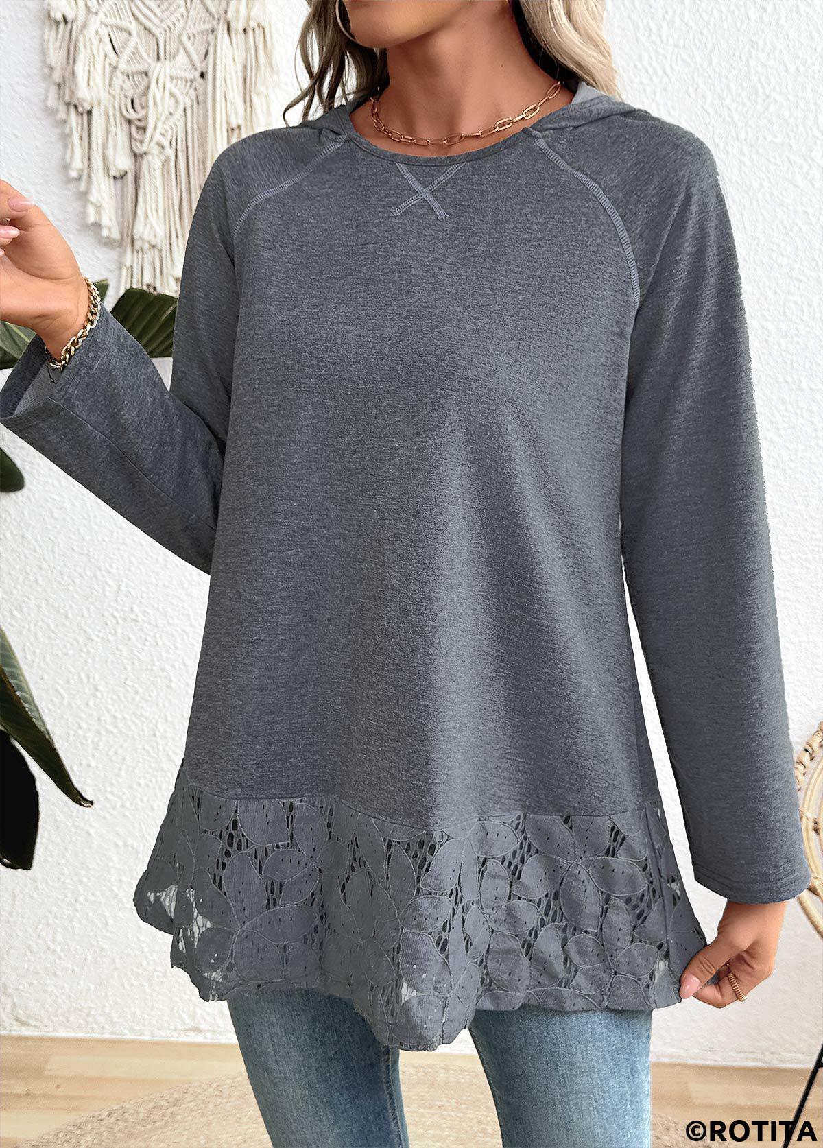 Dark Grey Marl tops,Plain Color tops,ROTITA Tummy Coverage Dark Grey Marl Long Sleeve Hoodie