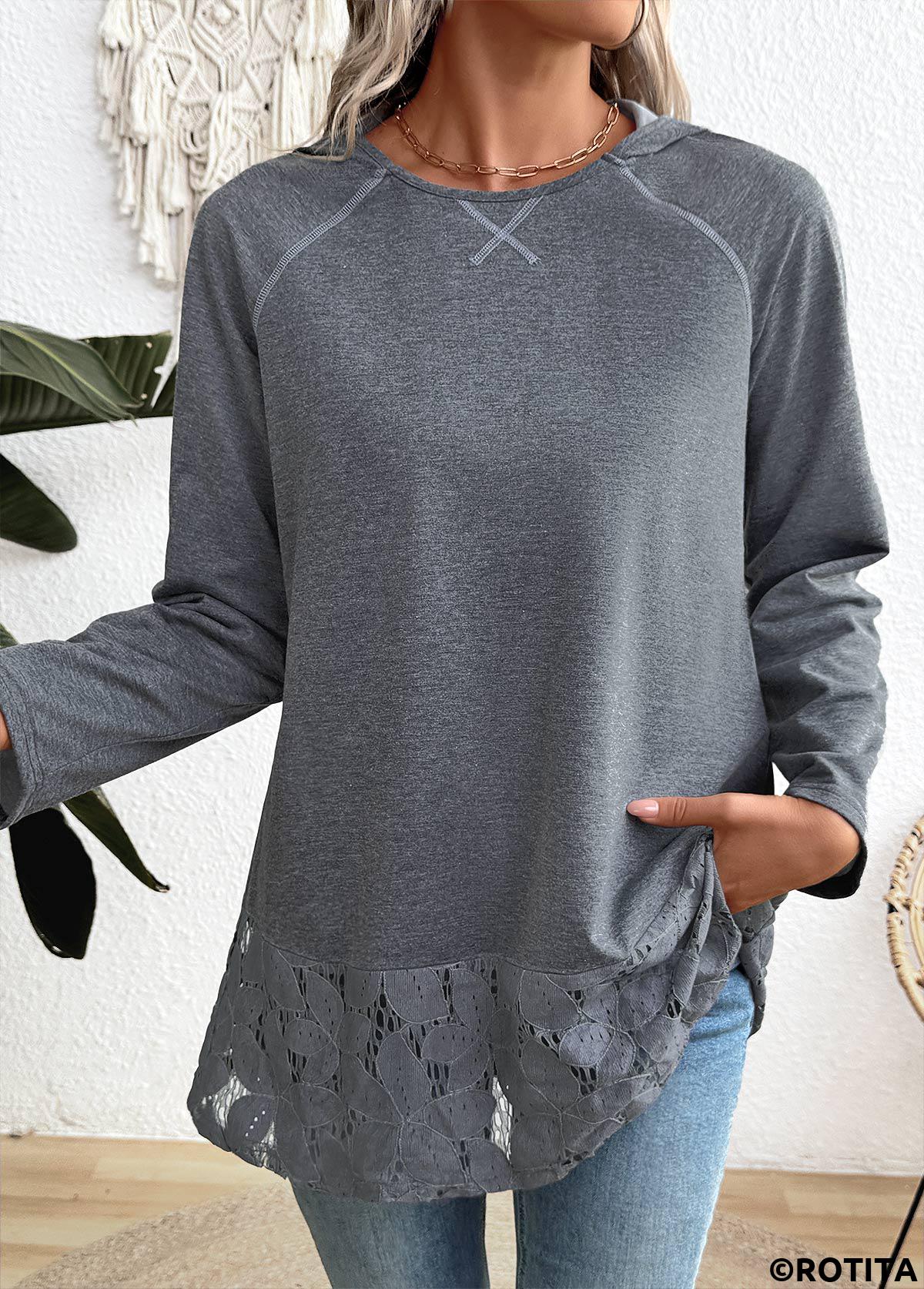 Dark Grey Marl tops,Plain Color tops,ROTITA Tummy Coverage Dark Grey Marl Long Sleeve Hoodie