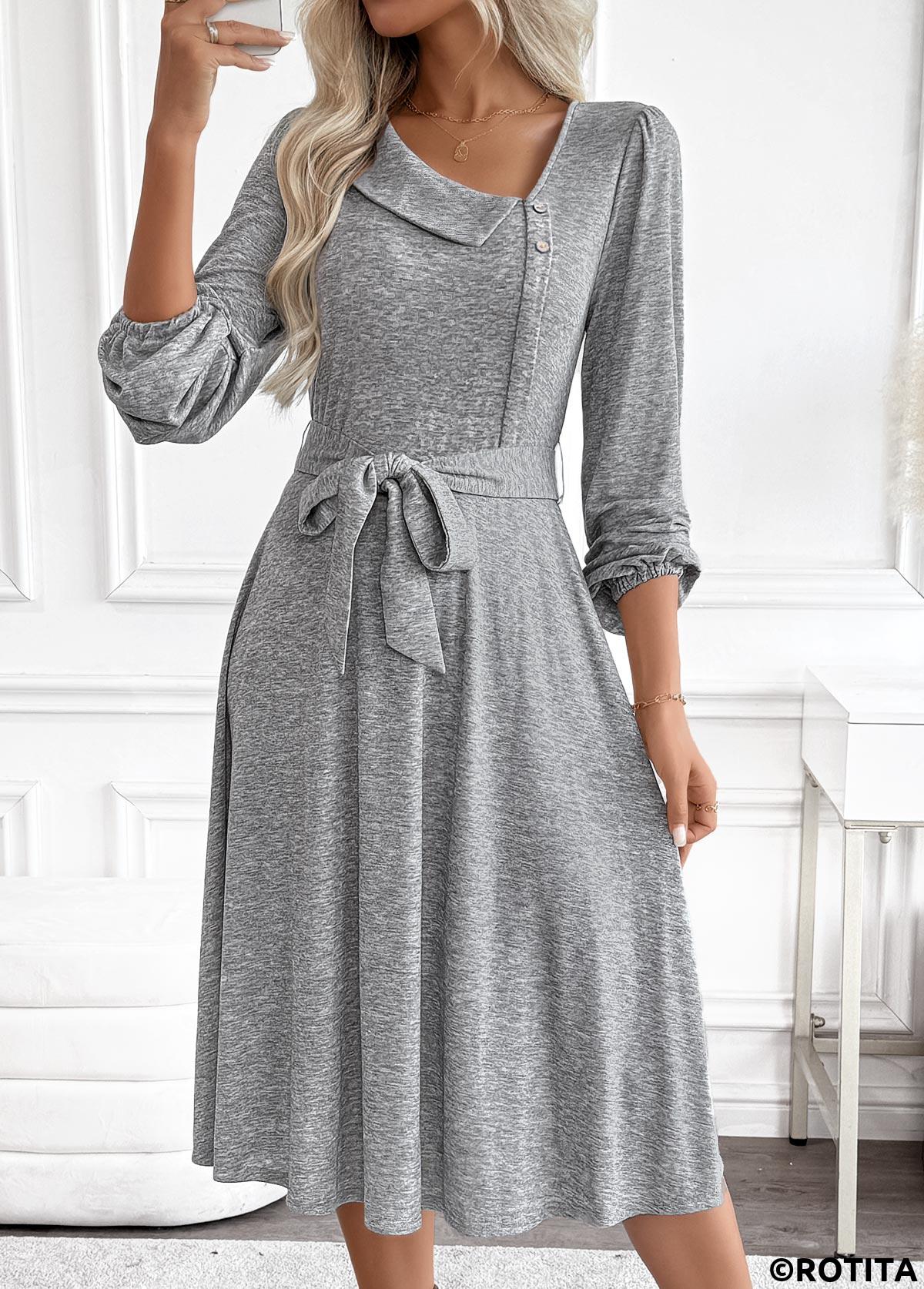 Light Grey Marl dresses,Plain Color dresses,Everyday dresses,Casual dresses,ROTITA Tummy Coverage Light Grey Marl Belted Asymmetrical Neck Dress