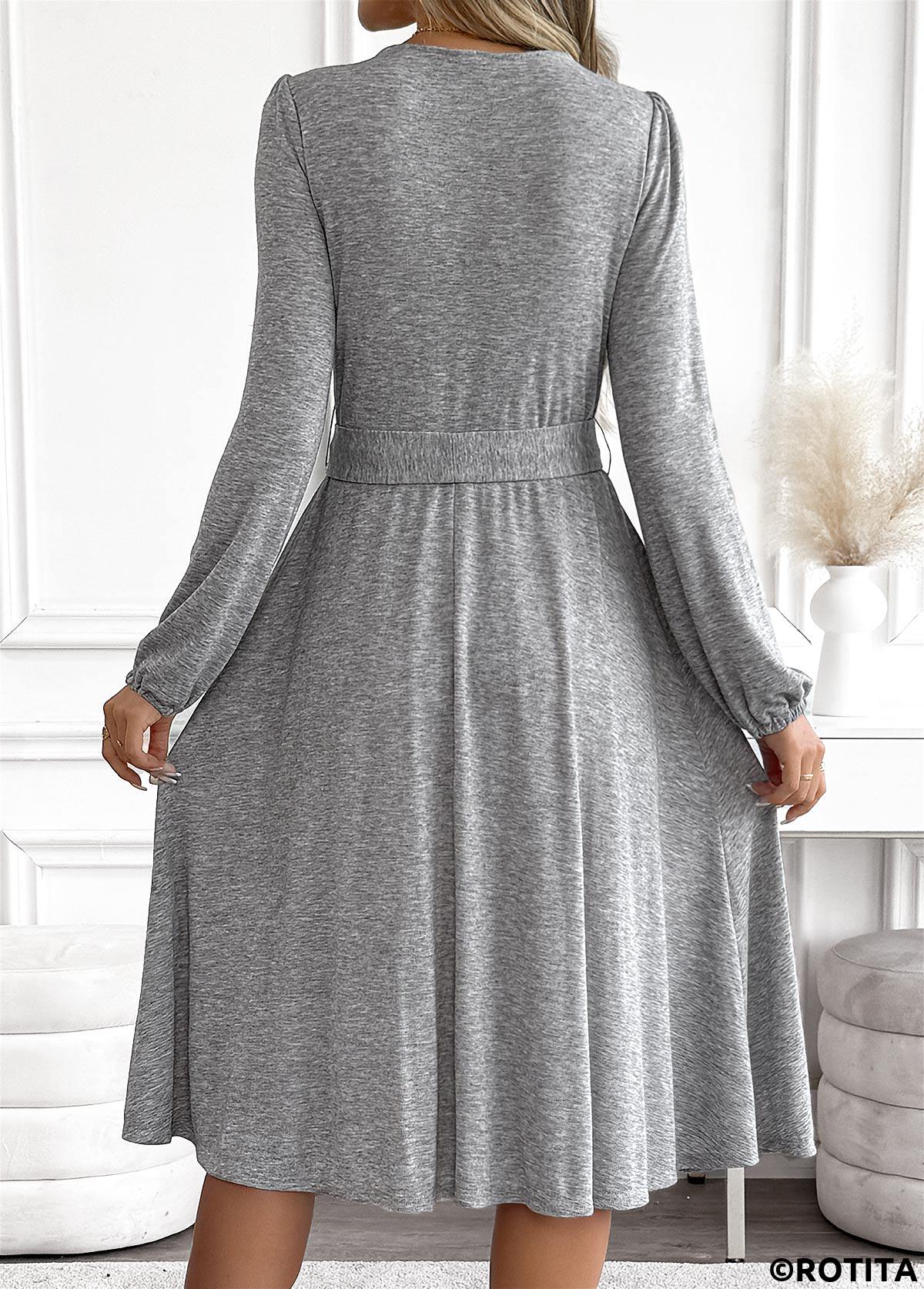 Light Grey Marl dresses,Plain Color dresses,Everyday dresses,Casual dresses,ROTITA Tummy Coverage Light Grey Marl Belted Asymmetrical Neck Dress