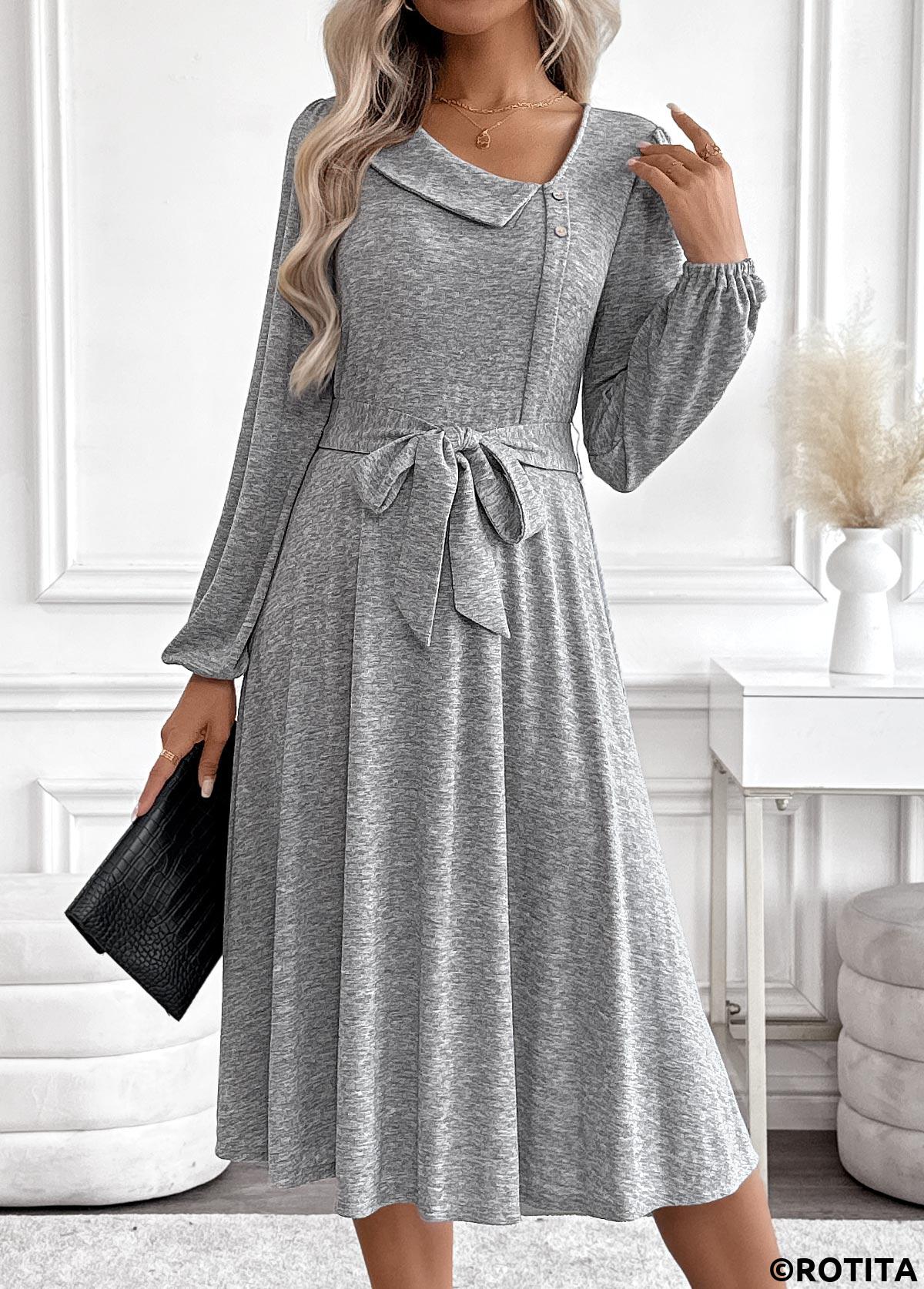 Light Grey Marl dresses,Plain Color dresses,Everyday dresses,Casual dresses,ROTITA Tummy Coverage Light Grey Marl Belted Asymmetrical Neck Dress