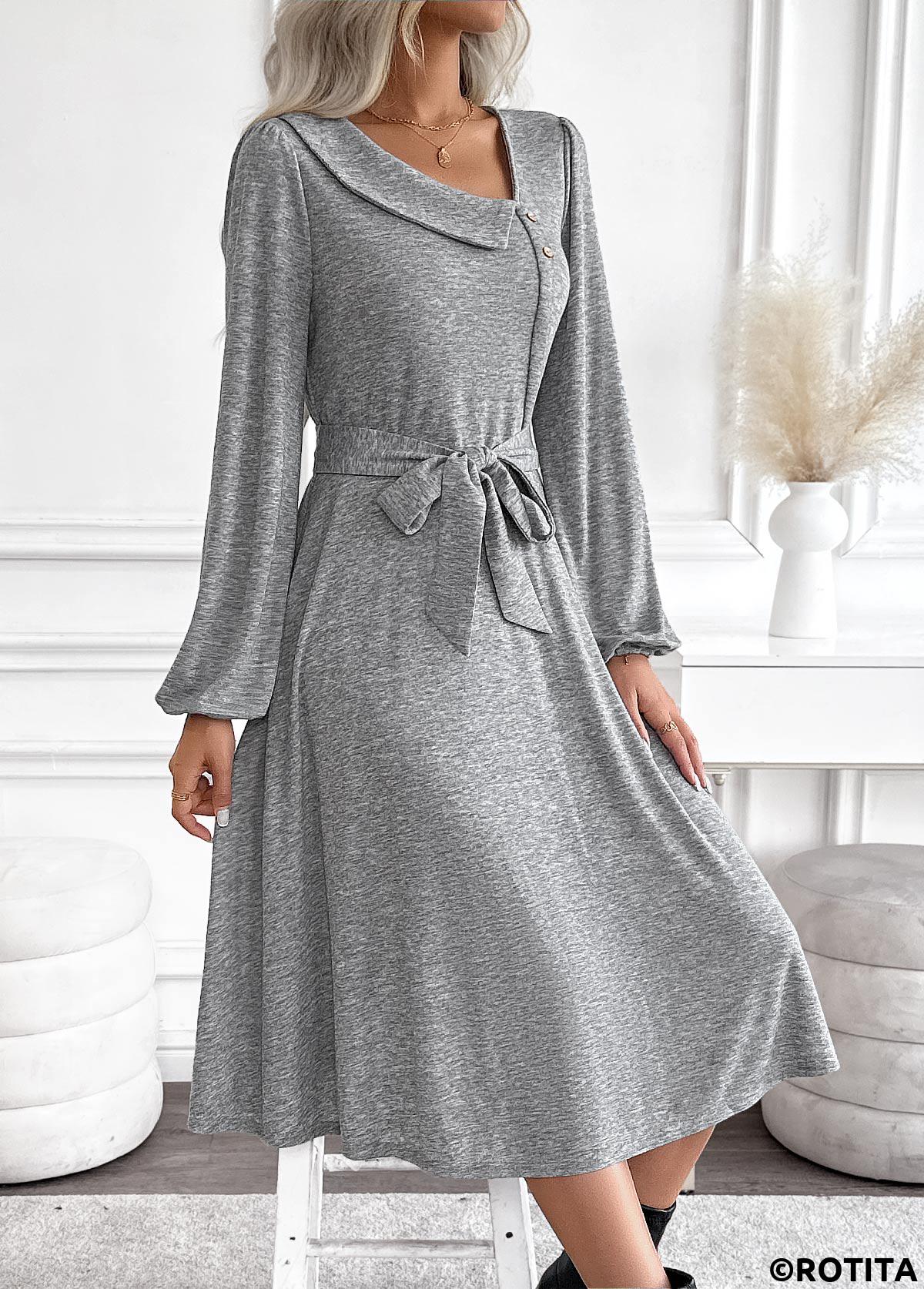 Light Grey Marl dresses,Plain Color dresses,Everyday dresses,Casual dresses,ROTITA Tummy Coverage Light Grey Marl Belted Asymmetrical Neck Dress