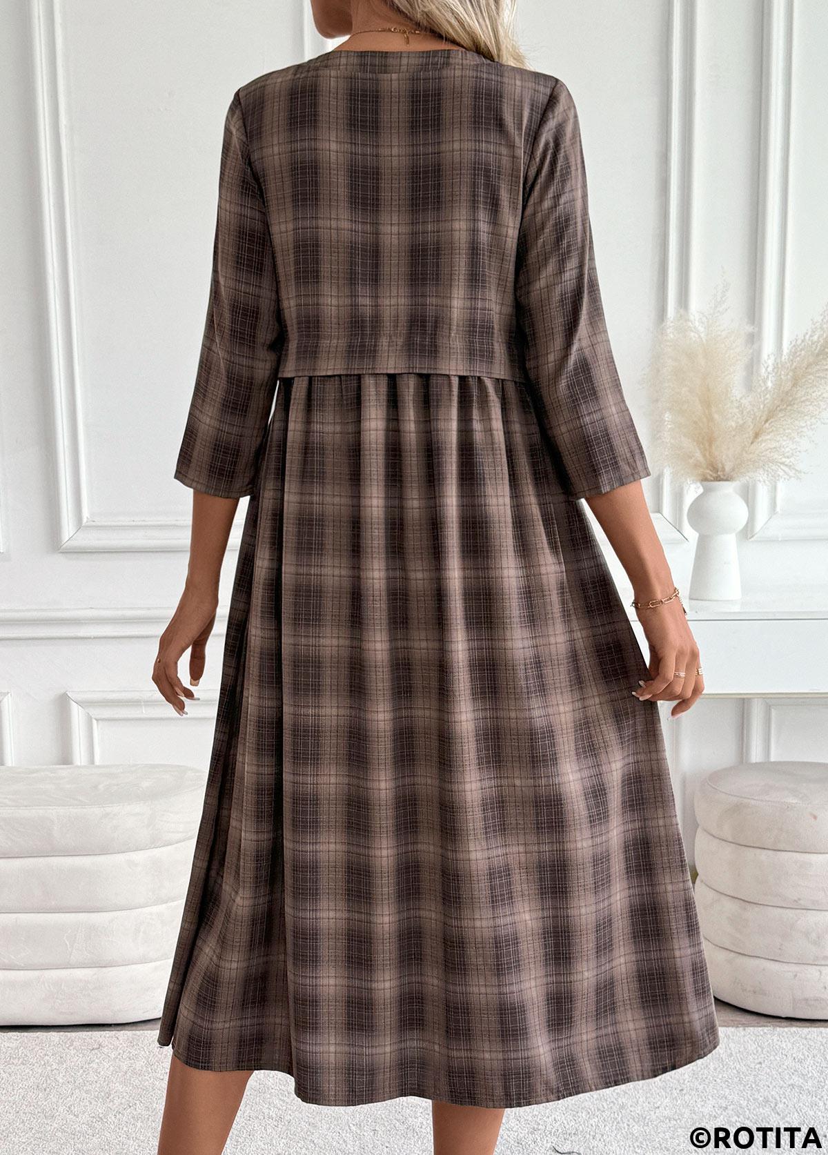 Dark Coffee dresses,Plaid dresses,Geometric dresses,Everyday dresses,Casual dresses,ROTITA Tummy Coverage Plaid Dark Coffee Round Neck Dress