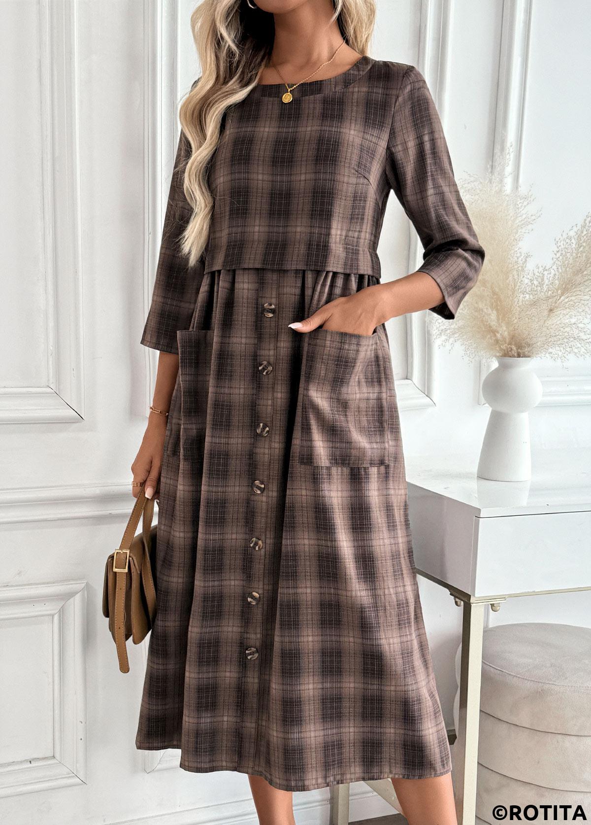 Dark Coffee dresses,Plaid dresses,Geometric dresses,Everyday dresses,Casual dresses,ROTITA Tummy Coverage Plaid Dark Coffee Round Neck Dress