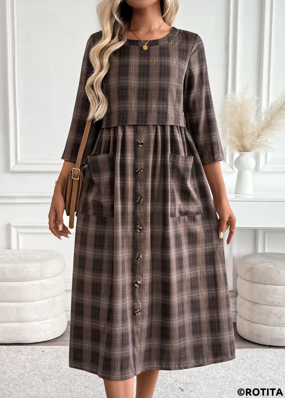 Dark Coffee dresses,Plaid dresses,Geometric dresses,Everyday dresses,Casual dresses,ROTITA Tummy Coverage Plaid Dark Coffee Round Neck Dress
