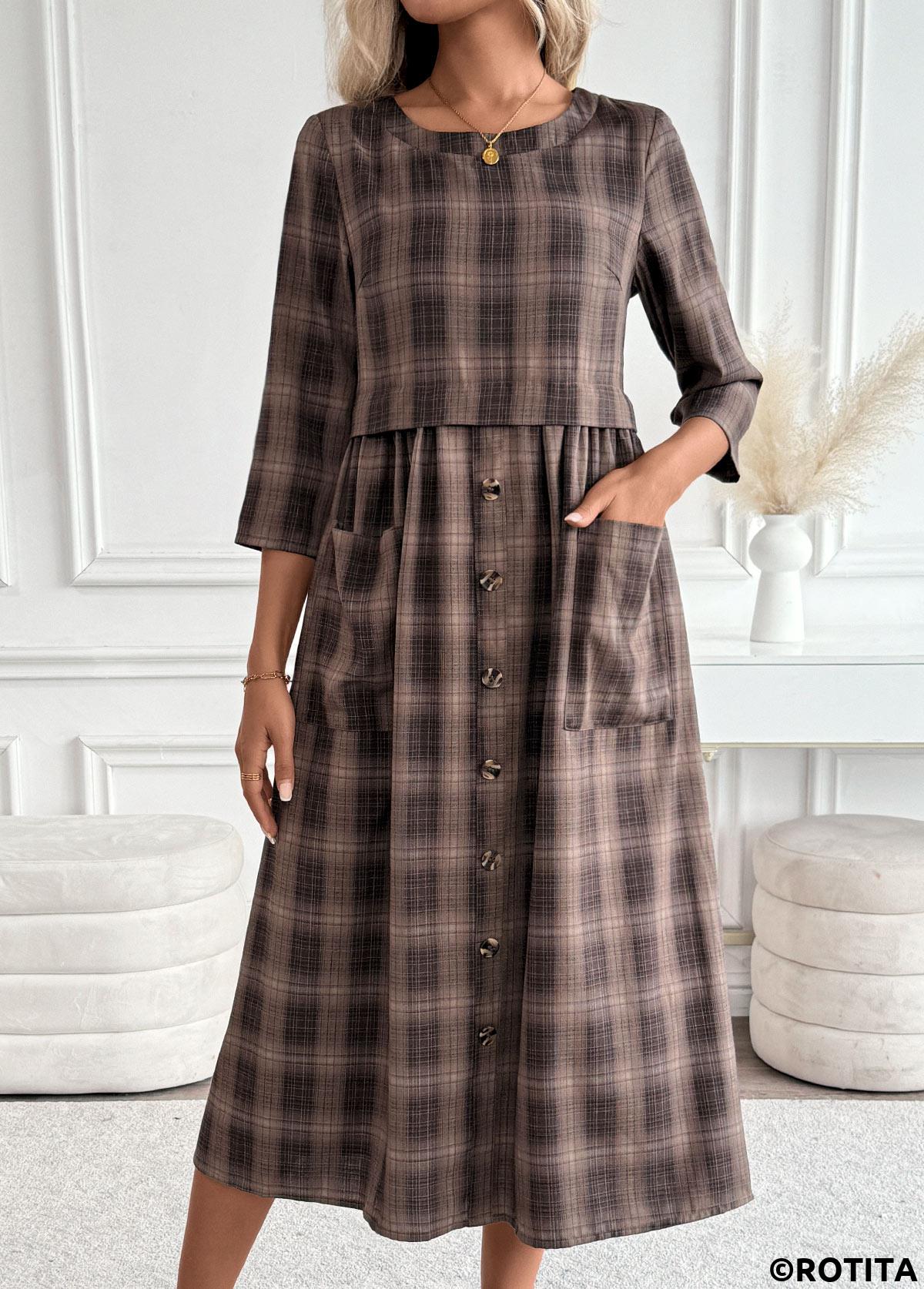 Dark Coffee dresses,Plaid dresses,Geometric dresses,Everyday dresses,Casual dresses,ROTITA Tummy Coverage Plaid Dark Coffee Round Neck Dress