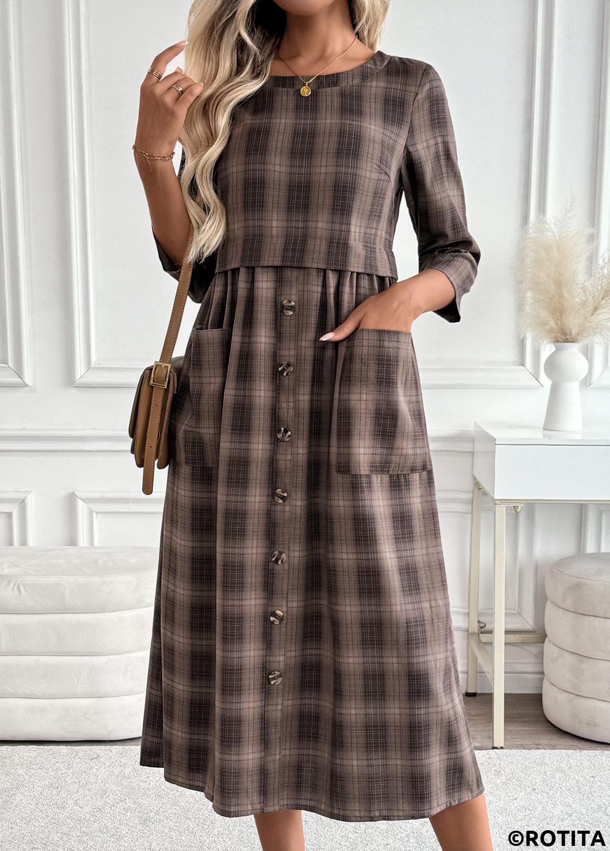 Dark Coffee dresses,Plaid dresses,Geometric dresses,Everyday dresses,Casual dresses,ROTITA Tummy Coverage Plaid Dark Coffee Round Neck Dress