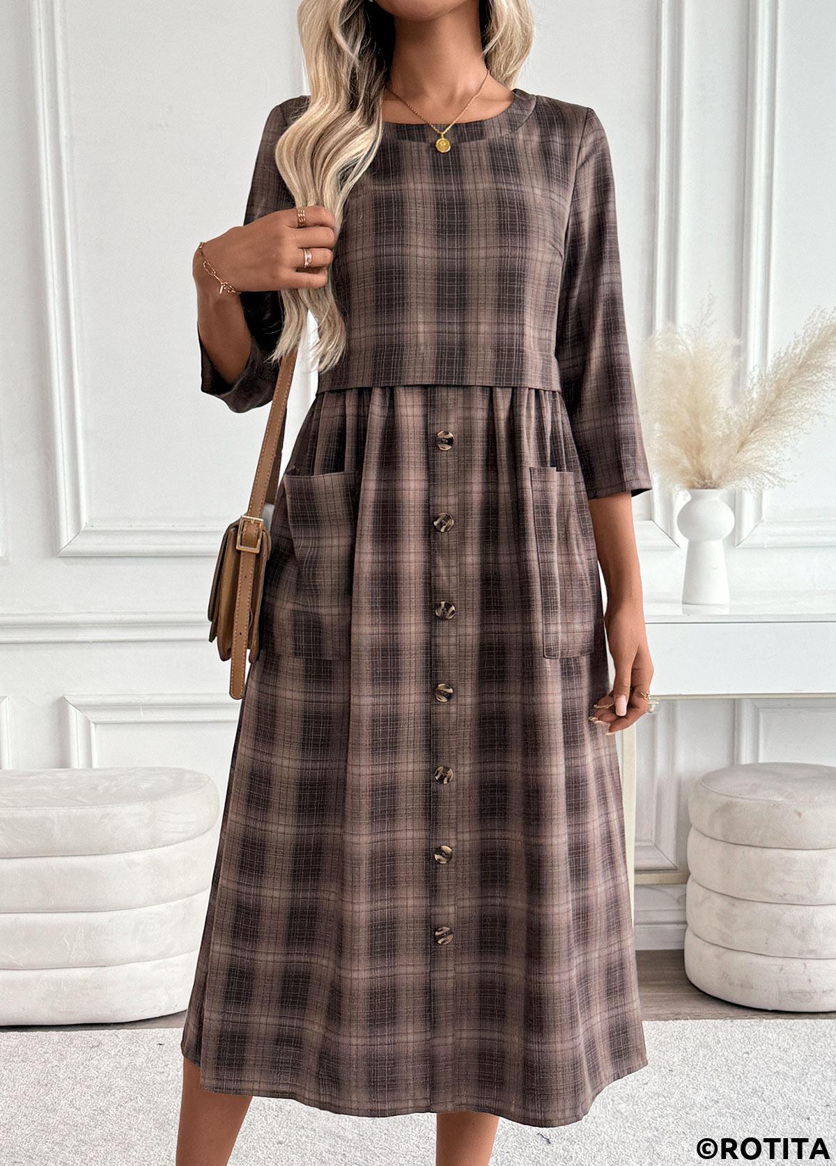 Dark Coffee dresses,Plaid dresses,Geometric dresses,Everyday dresses,Casual dresses,ROTITA Tummy Coverage Plaid Dark Coffee Round Neck Dress