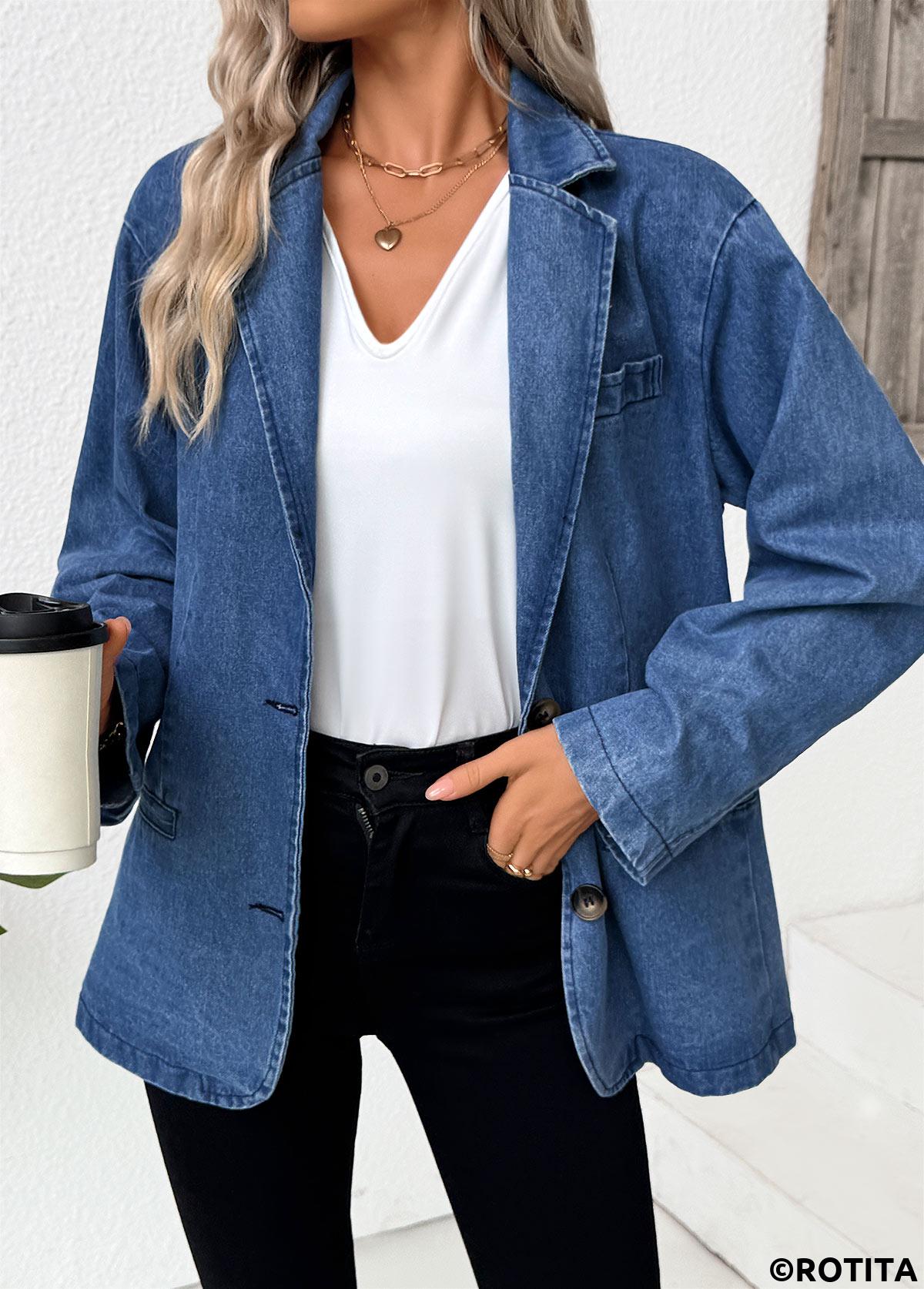 Denim Blue tops,Plain Color tops,Tummy Coverage Denim Blue Lapel Long Sleeve Coat