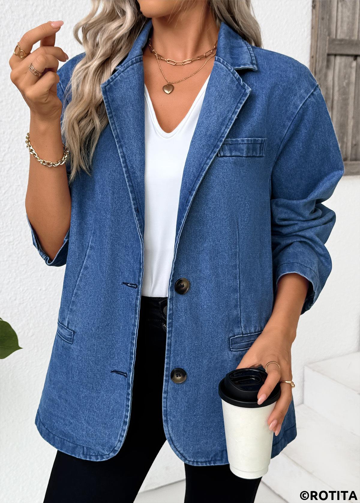 Denim Blue tops,Plain Color tops,Tummy Coverage Denim Blue Lapel Long Sleeve Coat