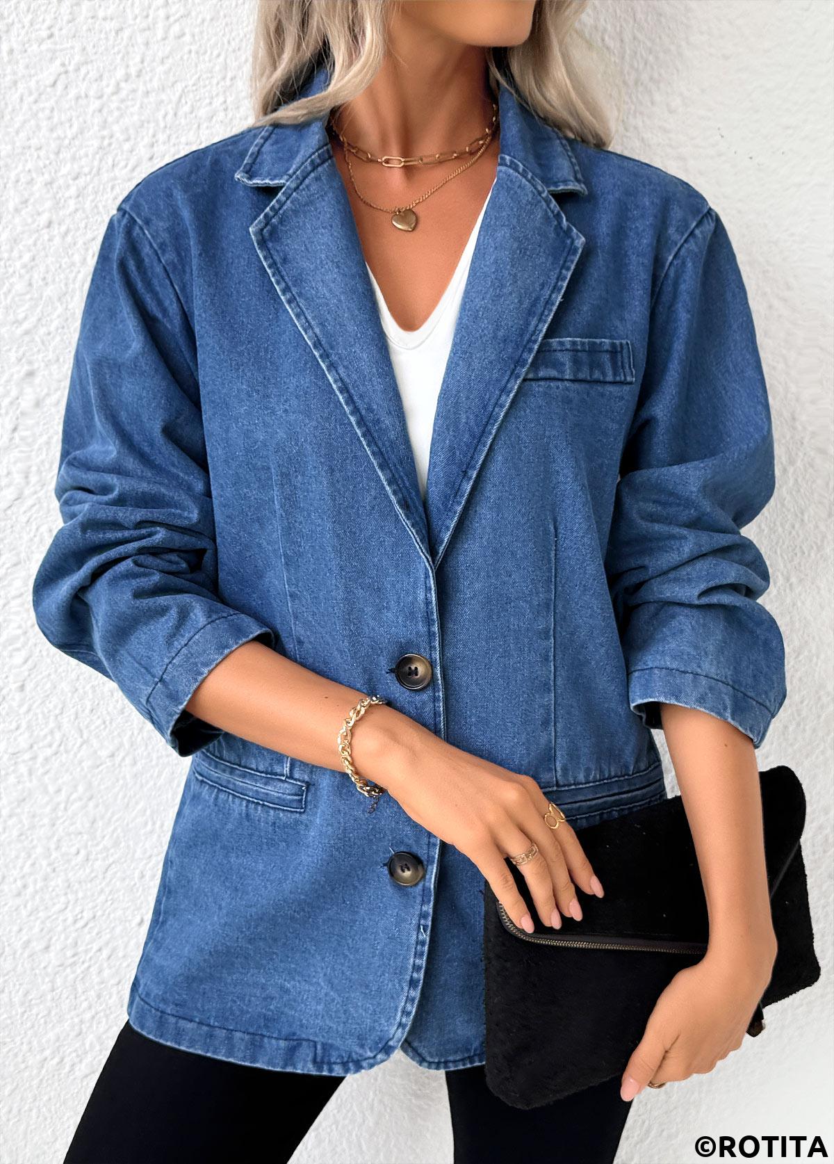 Denim Blue tops,Plain Color tops,Tummy Coverage Denim Blue Lapel Long Sleeve Coat