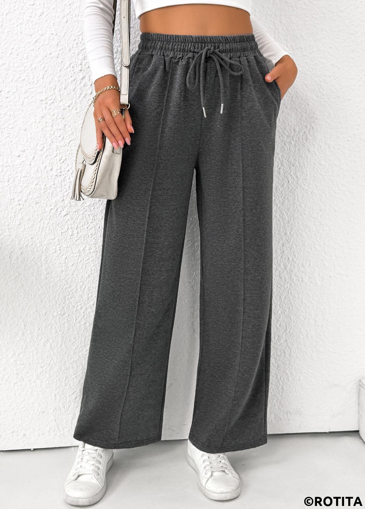 Dark Grey Marl bottoms,Plain Color bottoms,Pocket Dark Grey Marl Straight Leg Elastic Waist Pants