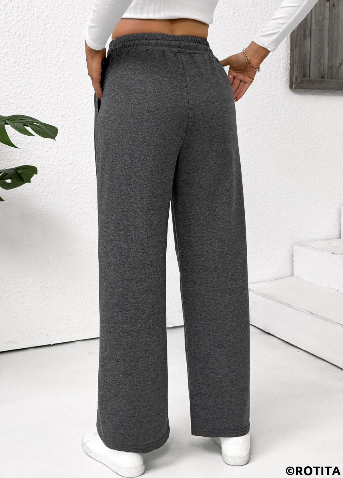 Dark Grey Marl bottoms,Plain Color bottoms,Pocket Dark Grey Marl Straight Leg Elastic Waist Pants