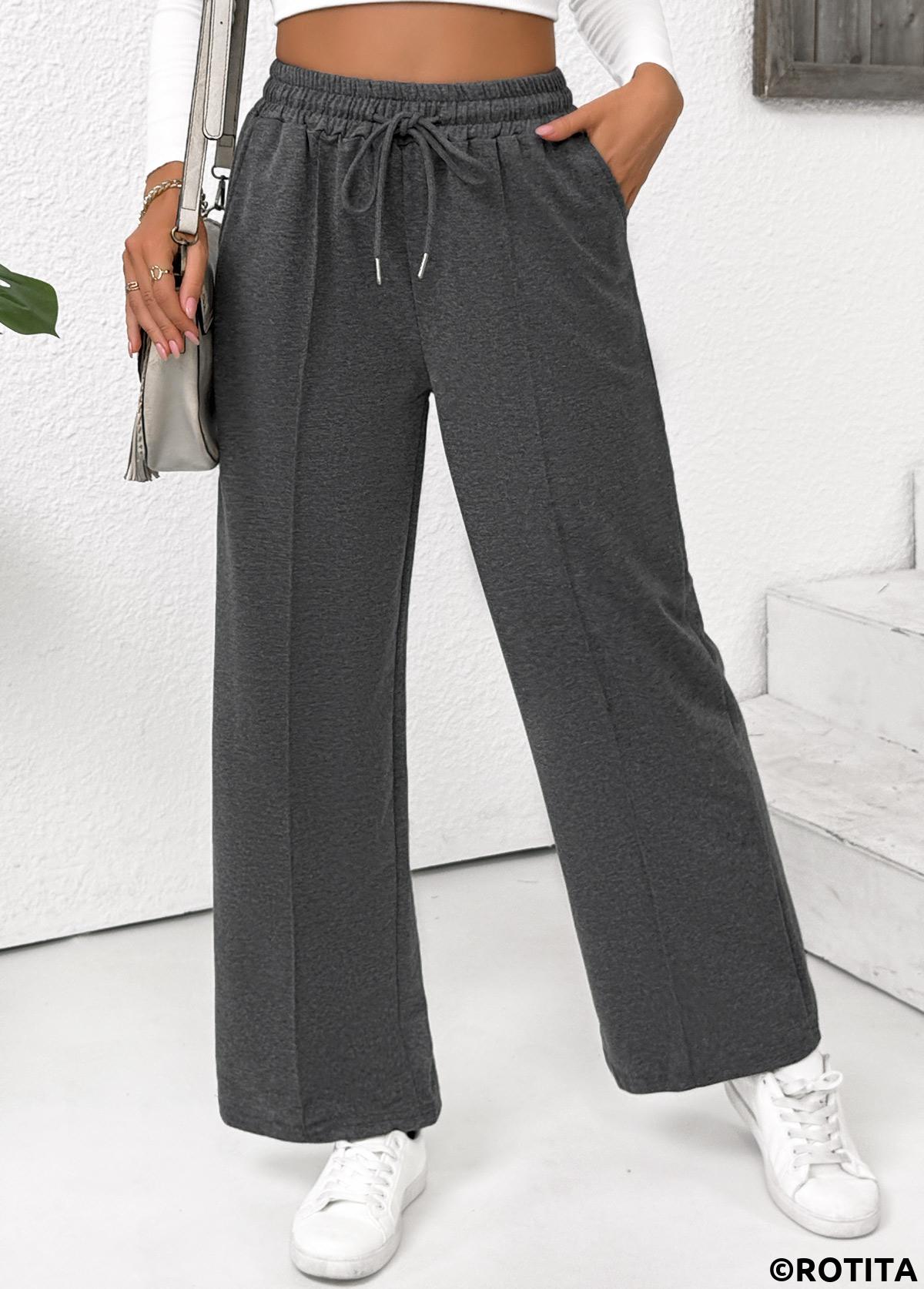 Dark Grey Marl bottoms,Plain Color bottoms,Pocket Dark Grey Marl Straight Leg Elastic Waist Pants