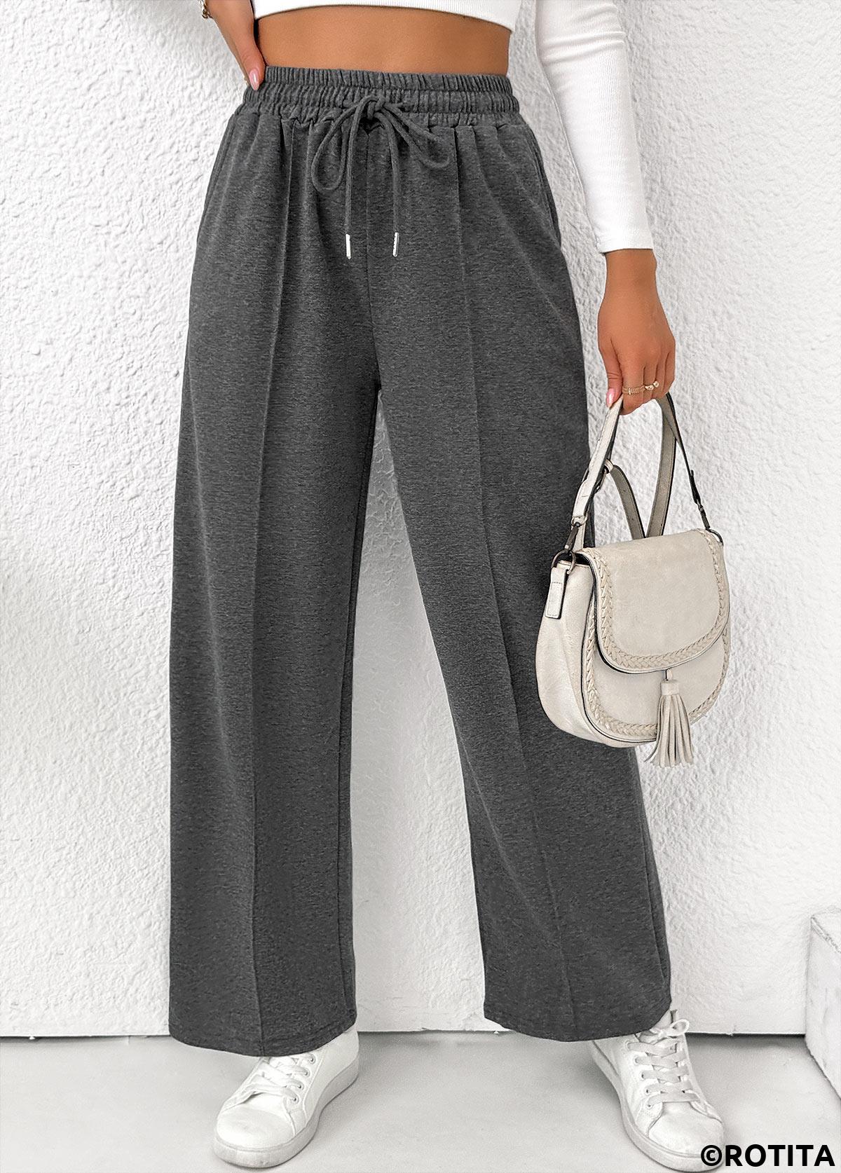 Dark Grey Marl bottoms,Plain Color bottoms,Pocket Dark Grey Marl Straight Leg Elastic Waist Pants