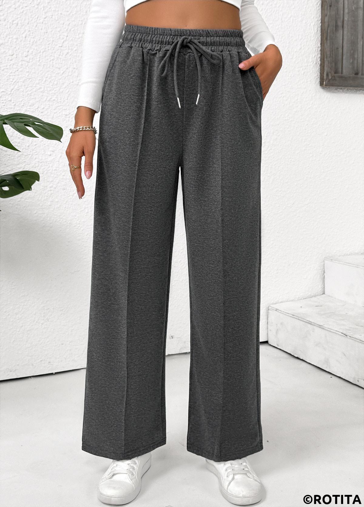 Dark Grey Marl bottoms,Plain Color bottoms,Pocket Dark Grey Marl Straight Leg Elastic Waist Pants