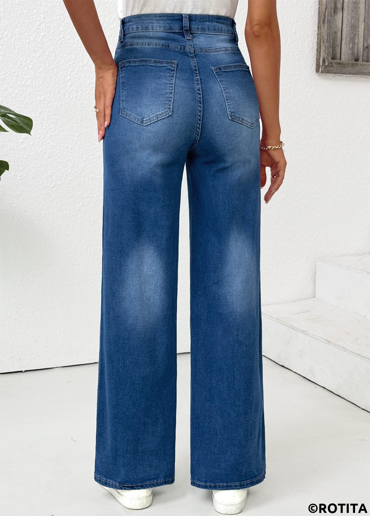 Denim Blue bottoms,Plain Color bottoms,Pocket Denim Blue Wide Leg Button Fly Pants