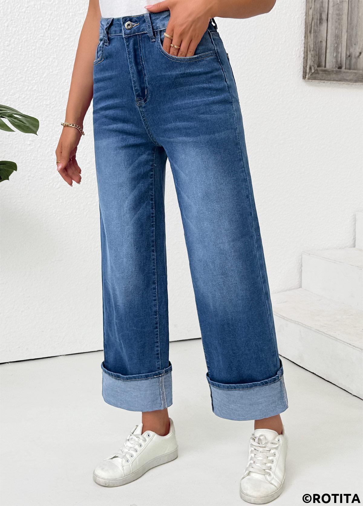 Denim Blue bottoms,Plain Color bottoms,Pocket Denim Blue Wide Leg Button Fly Pants