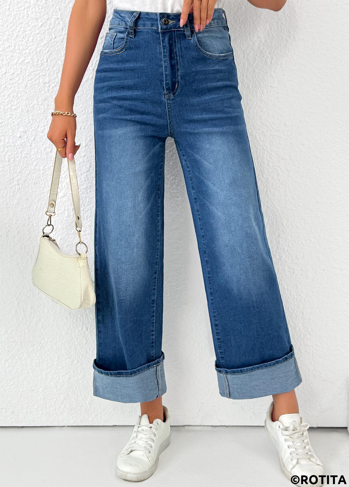 Denim Blue bottoms,Plain Color bottoms,Pocket Denim Blue Wide Leg Button Fly Pants