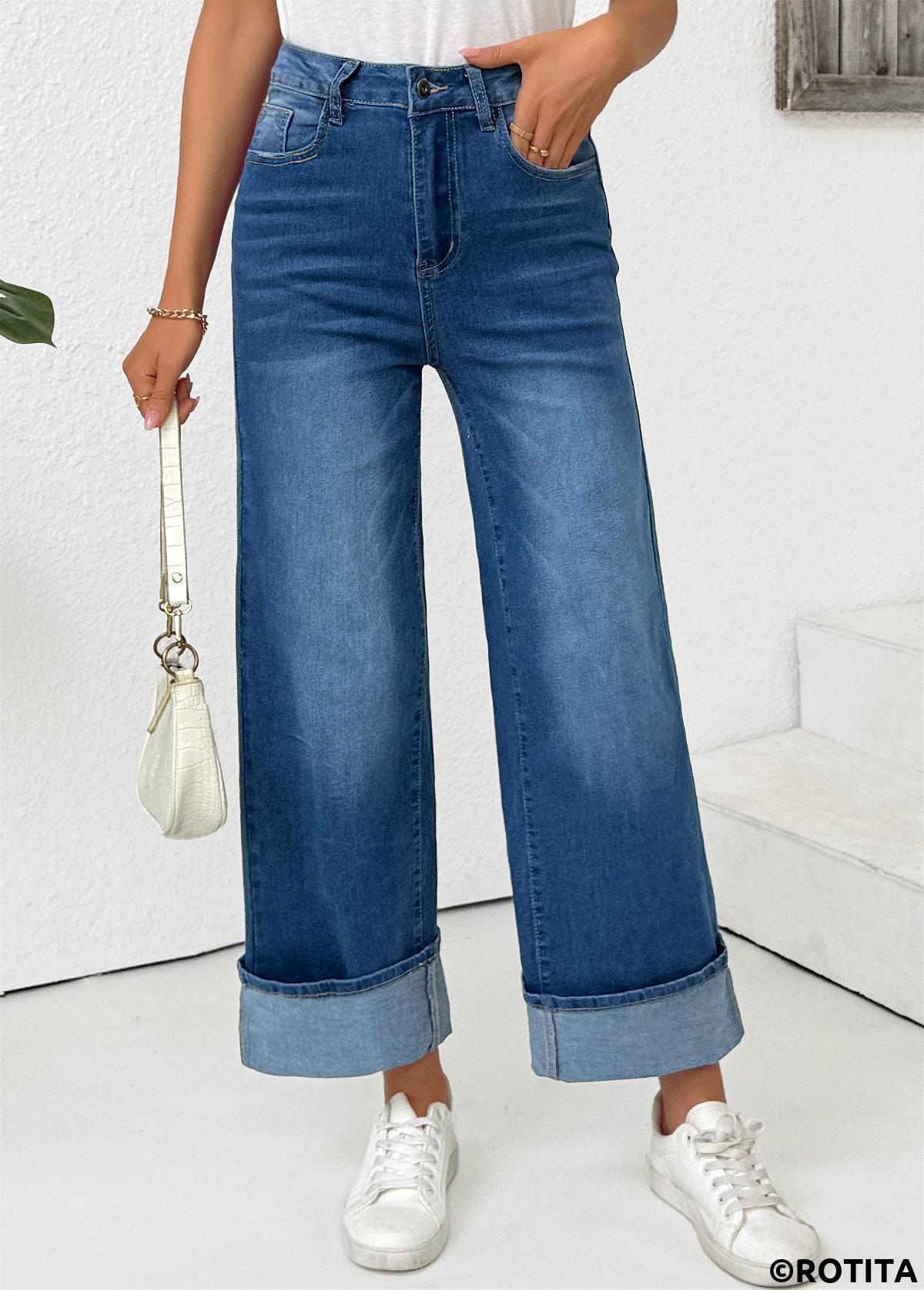Denim Blue bottoms,Plain Color bottoms,Pocket Denim Blue Wide Leg Button Fly Pants