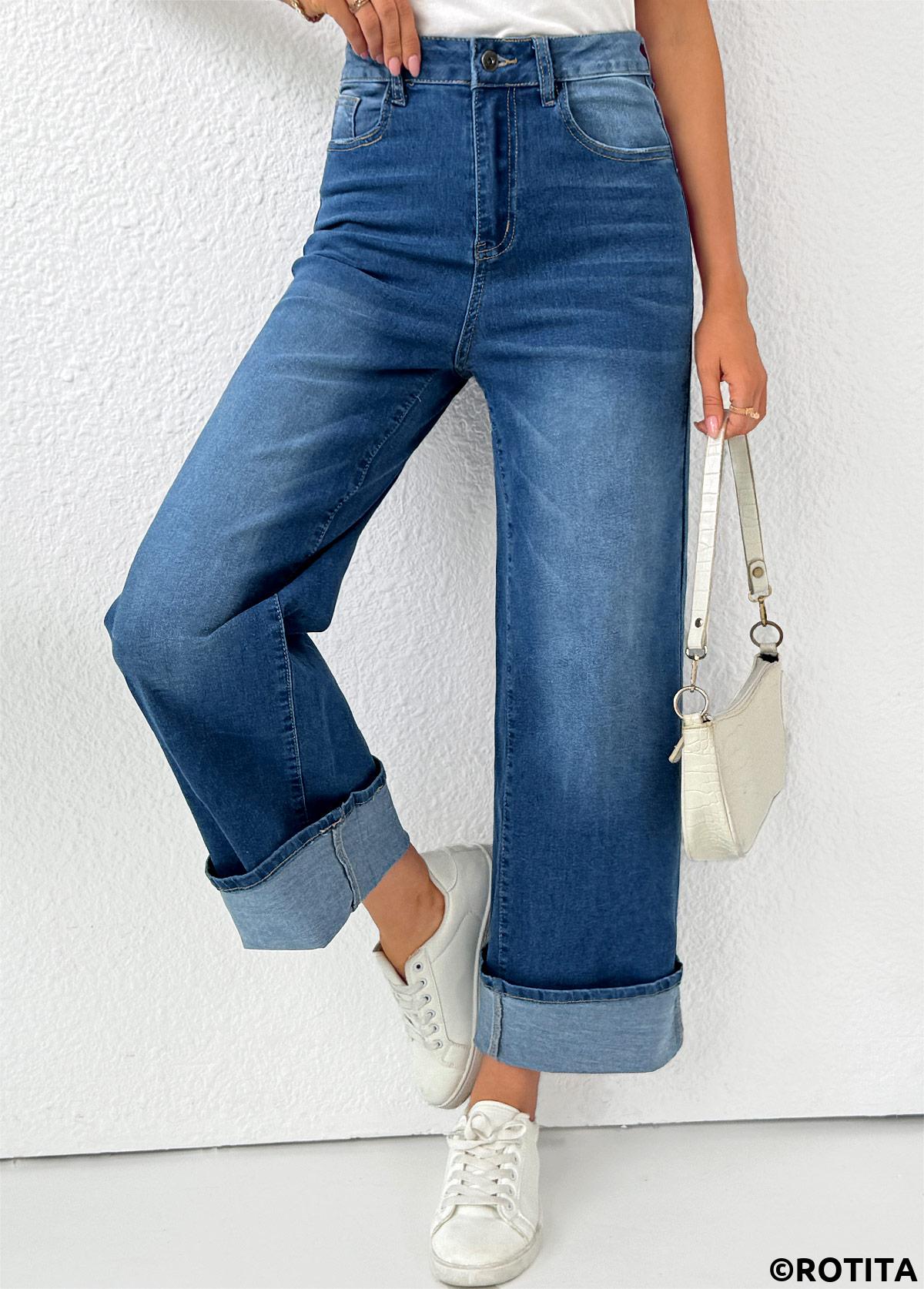 Denim Blue bottoms,Plain Color bottoms,Pocket Denim Blue Wide Leg Button Fly Pants