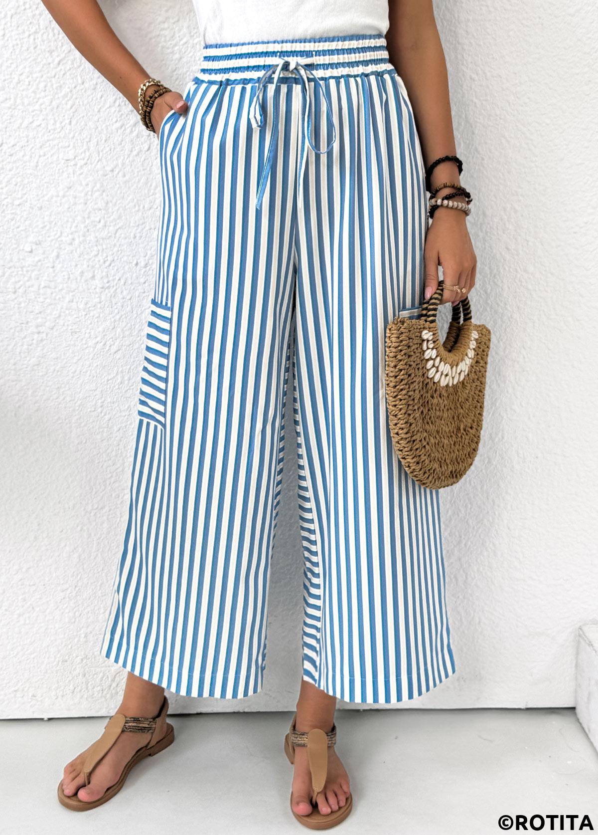 Light Blue bottoms,Striped bottoms,Geometric bottoms,Pocket Striped Light Blue Wide Leg Elastic Waist Pants