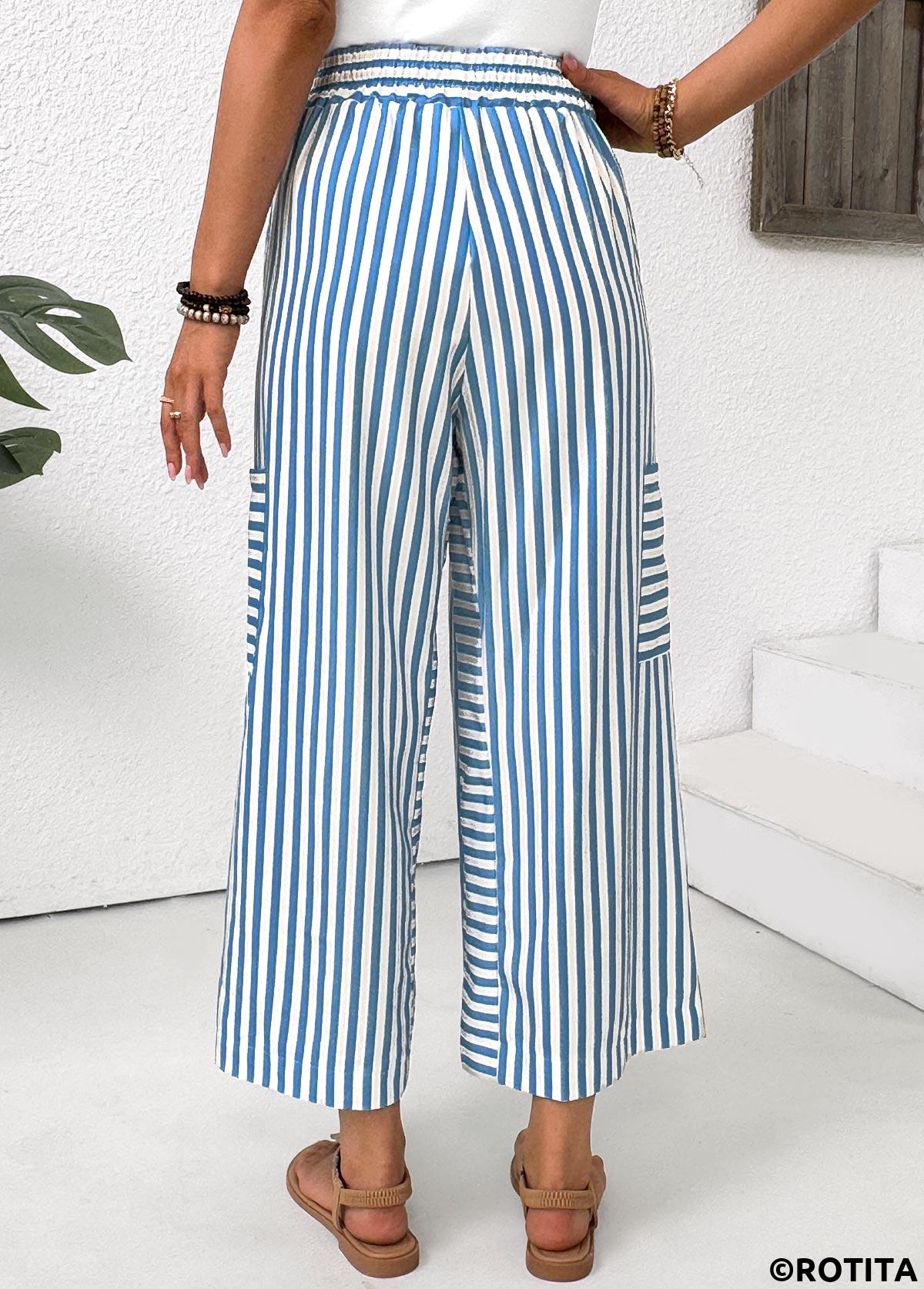 Light Blue bottoms,Striped bottoms,Geometric bottoms,Pocket Striped Light Blue Wide Leg Elastic Waist Pants