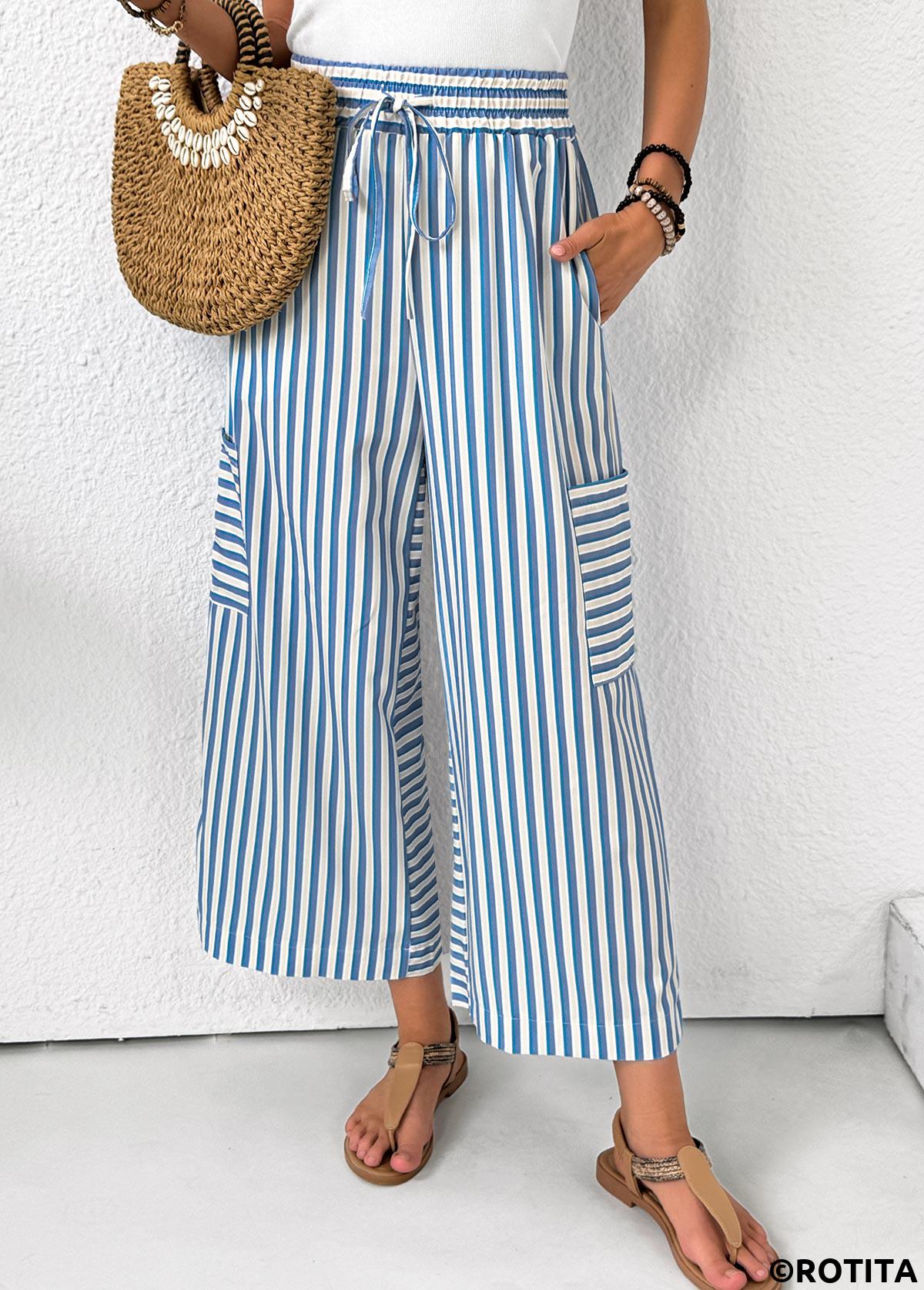 Light Blue bottoms,Striped bottoms,Geometric bottoms,Pocket Striped Light Blue Wide Leg Elastic Waist Pants