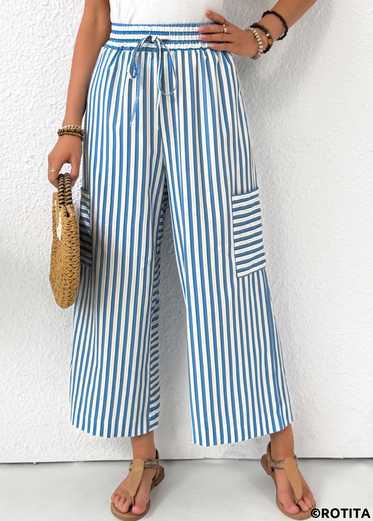 Light Blue bottoms,Striped bottoms,Geometric bottoms,Pocket Striped Light Blue Wide Leg Elastic Waist Pants