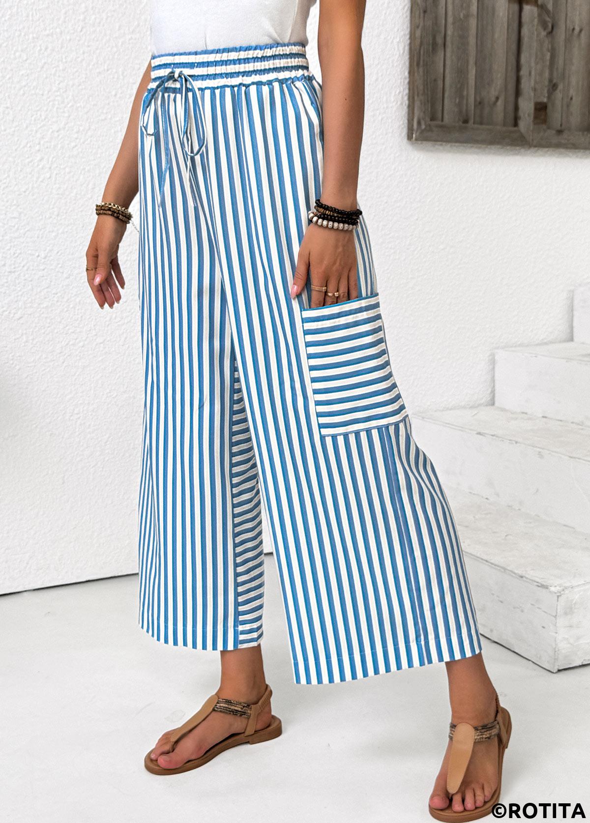 Light Blue bottoms,Striped bottoms,Geometric bottoms,Pocket Striped Light Blue Wide Leg Elastic Waist Pants