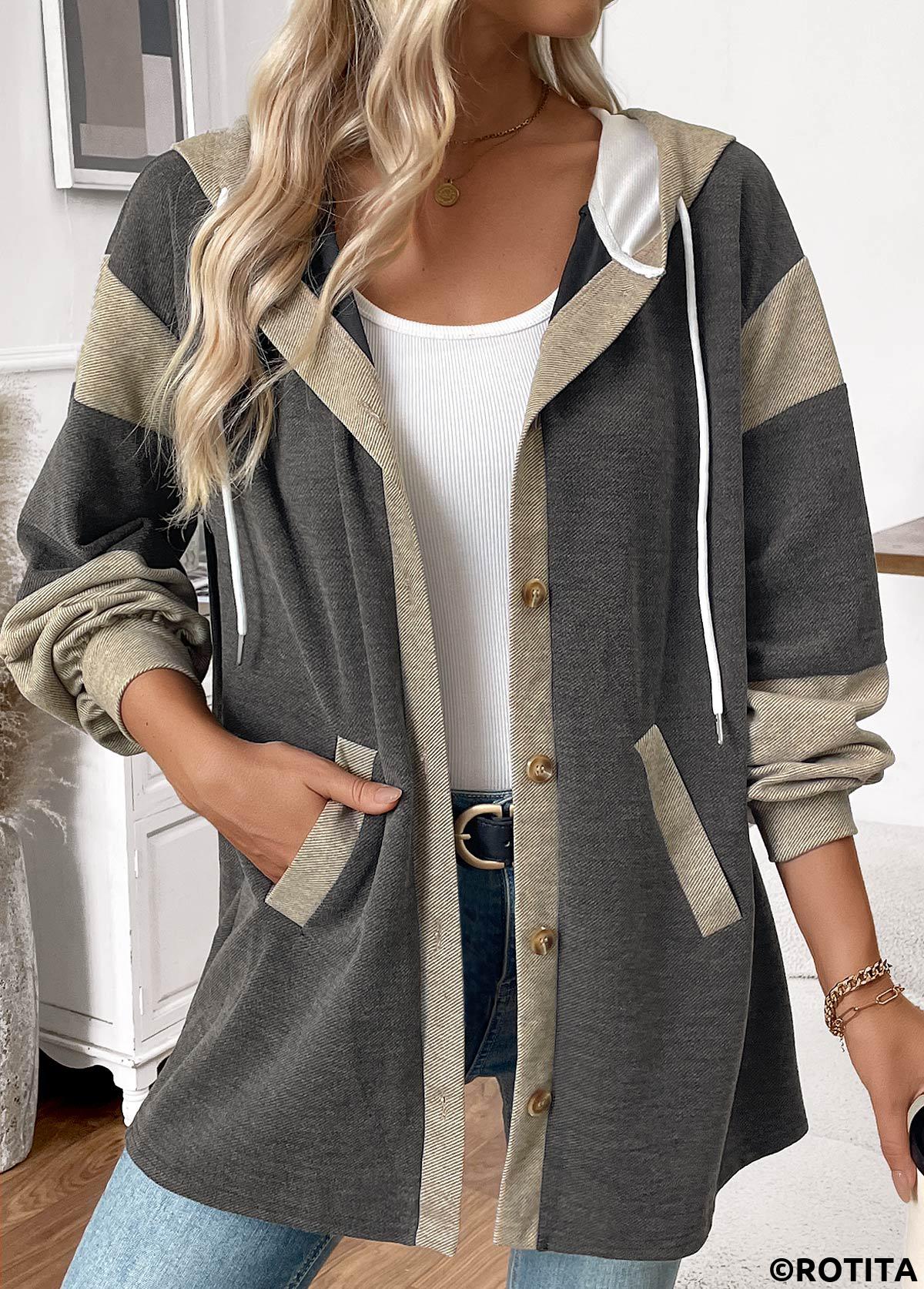 Dark Grey Marl tops,Contrast Color tops,ROTITA Tummy Coverage Dark Grey Marl Long Sleeve Hoodie
