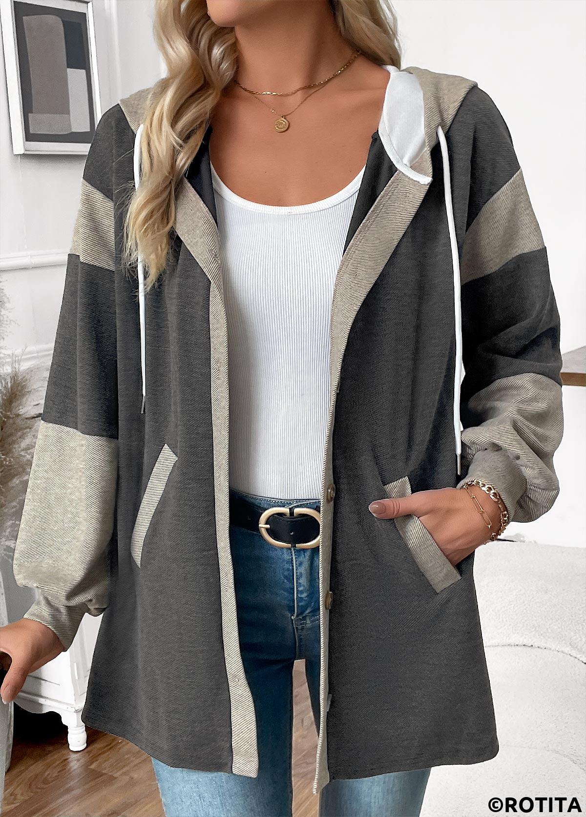 Dark Grey Marl tops,Contrast Color tops,ROTITA Tummy Coverage Dark Grey Marl Long Sleeve Hoodie