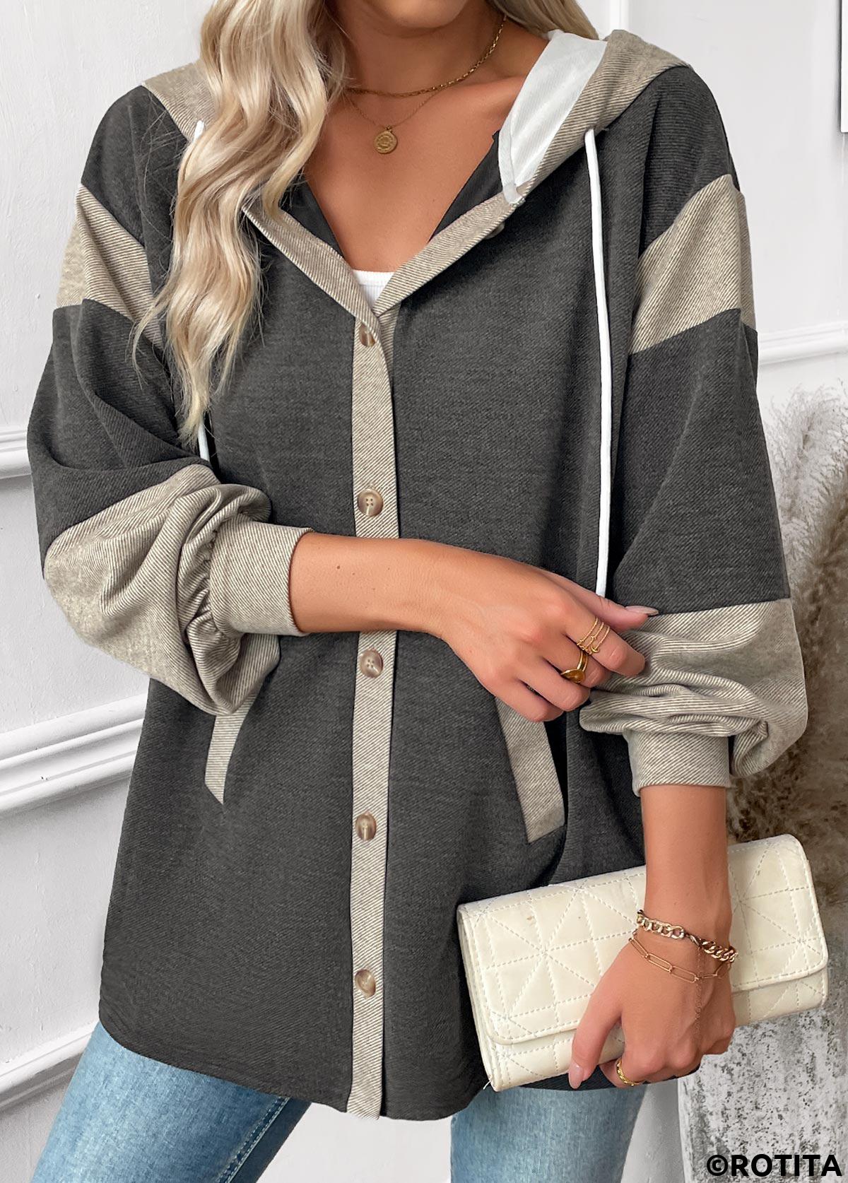 Dark Grey Marl tops,Contrast Color tops,ROTITA Tummy Coverage Dark Grey Marl Long Sleeve Hoodie