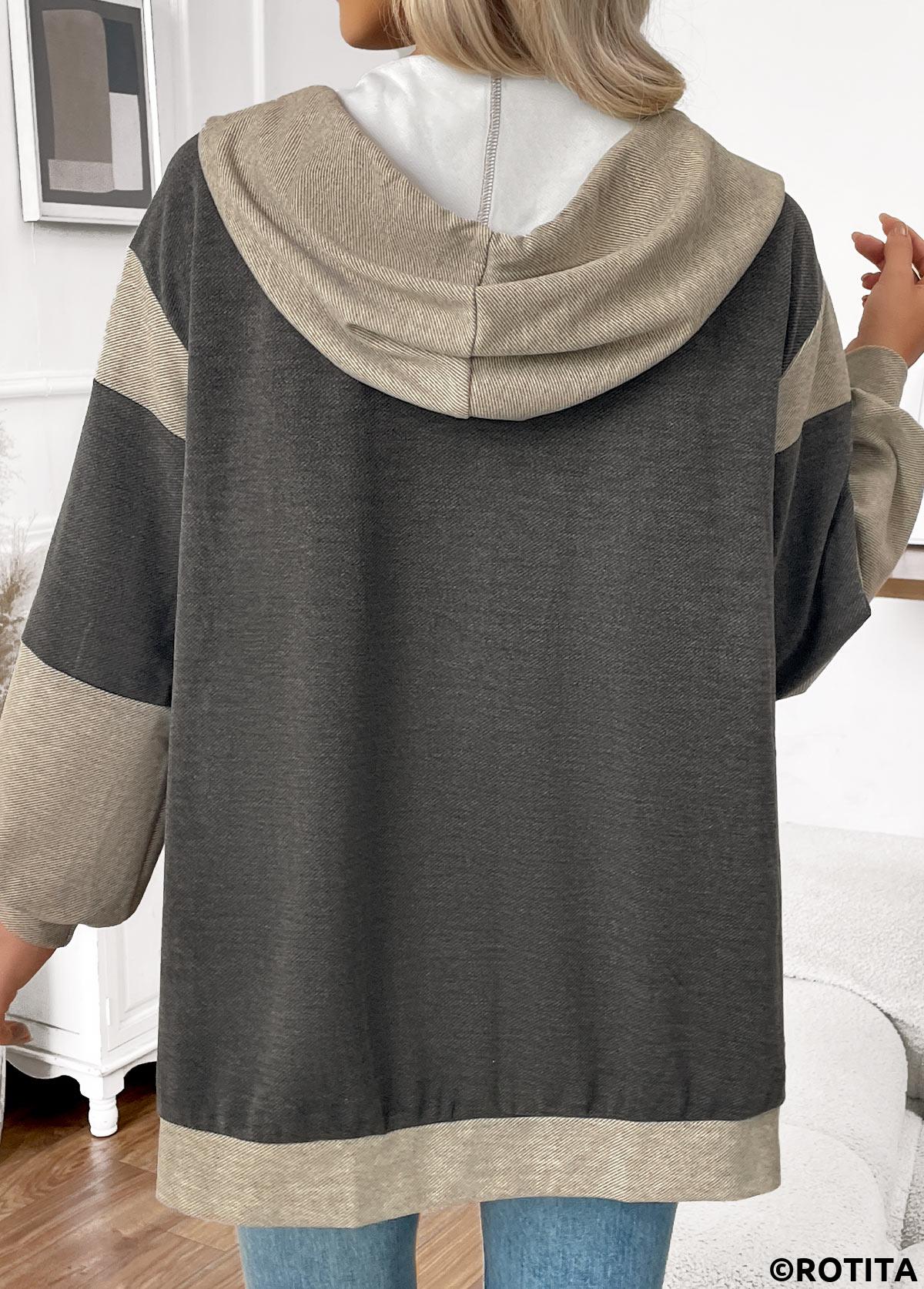 Dark Grey Marl tops,Contrast Color tops,ROTITA Tummy Coverage Dark Grey Marl Long Sleeve Hoodie