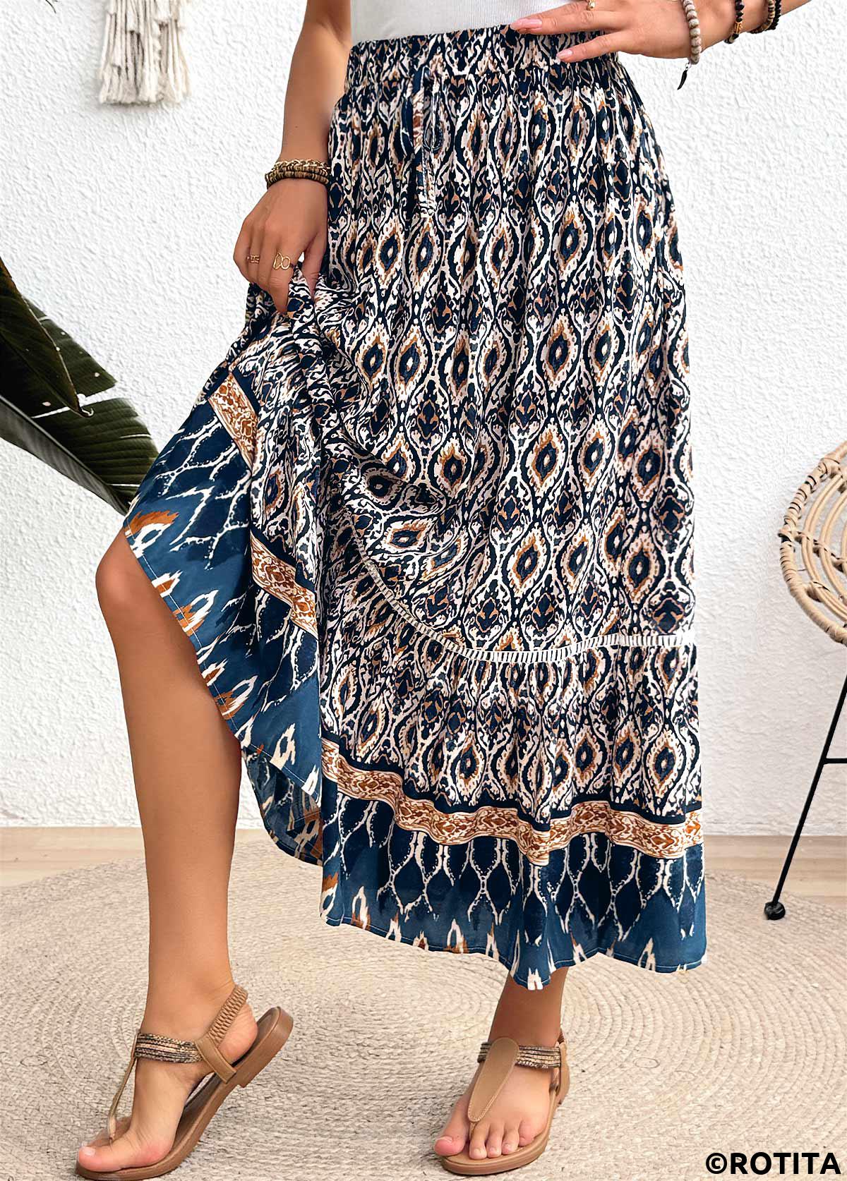 Multi Color bottoms,Tribal bottoms,ROTITA Tribal Print Multi Color Elastic Waist A Line Skirt