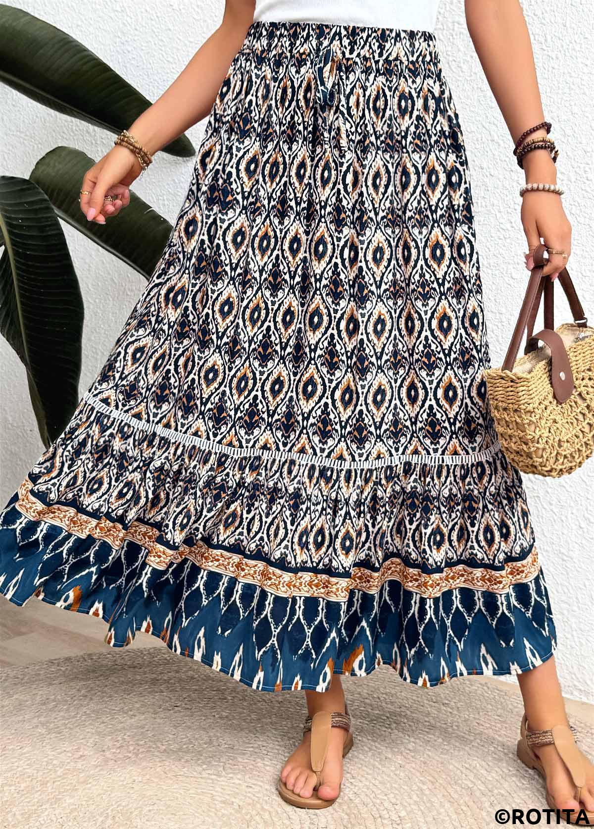 Multi Color bottoms,Tribal bottoms,ROTITA Tribal Print Multi Color Elastic Waist A Line Skirt