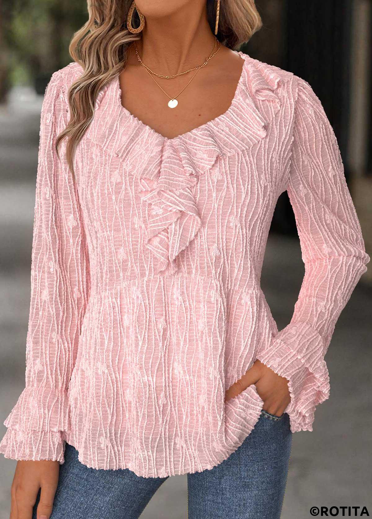 Light Pink tops,Plain Color tops,ROTITA Light Pink Heart Collar Long Sleeve Blouse