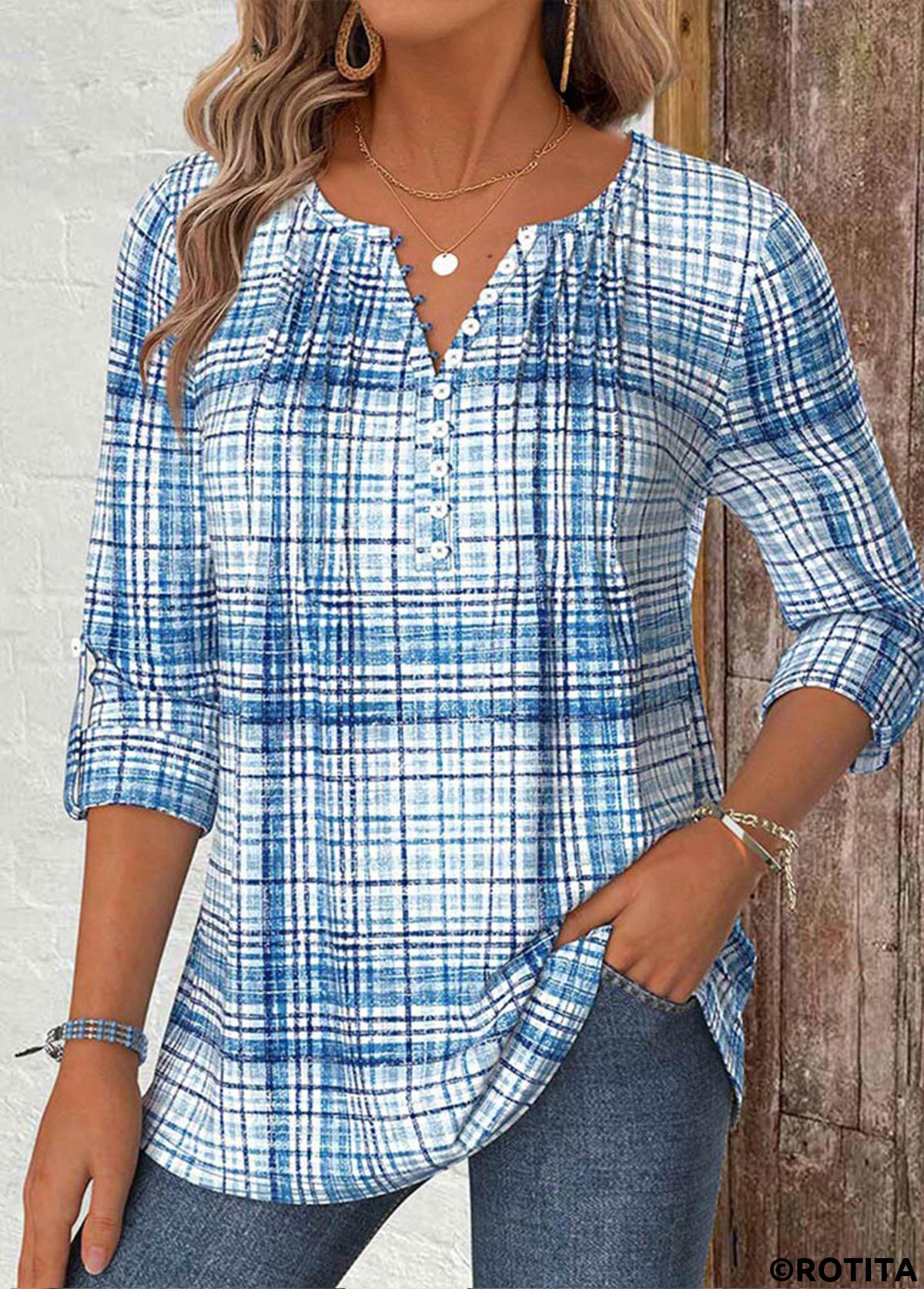 Light Blue tops,Plaid tops,Geometric tops,ROTITA Plaid Light Blue Split Neck Long Sleeve Shirt