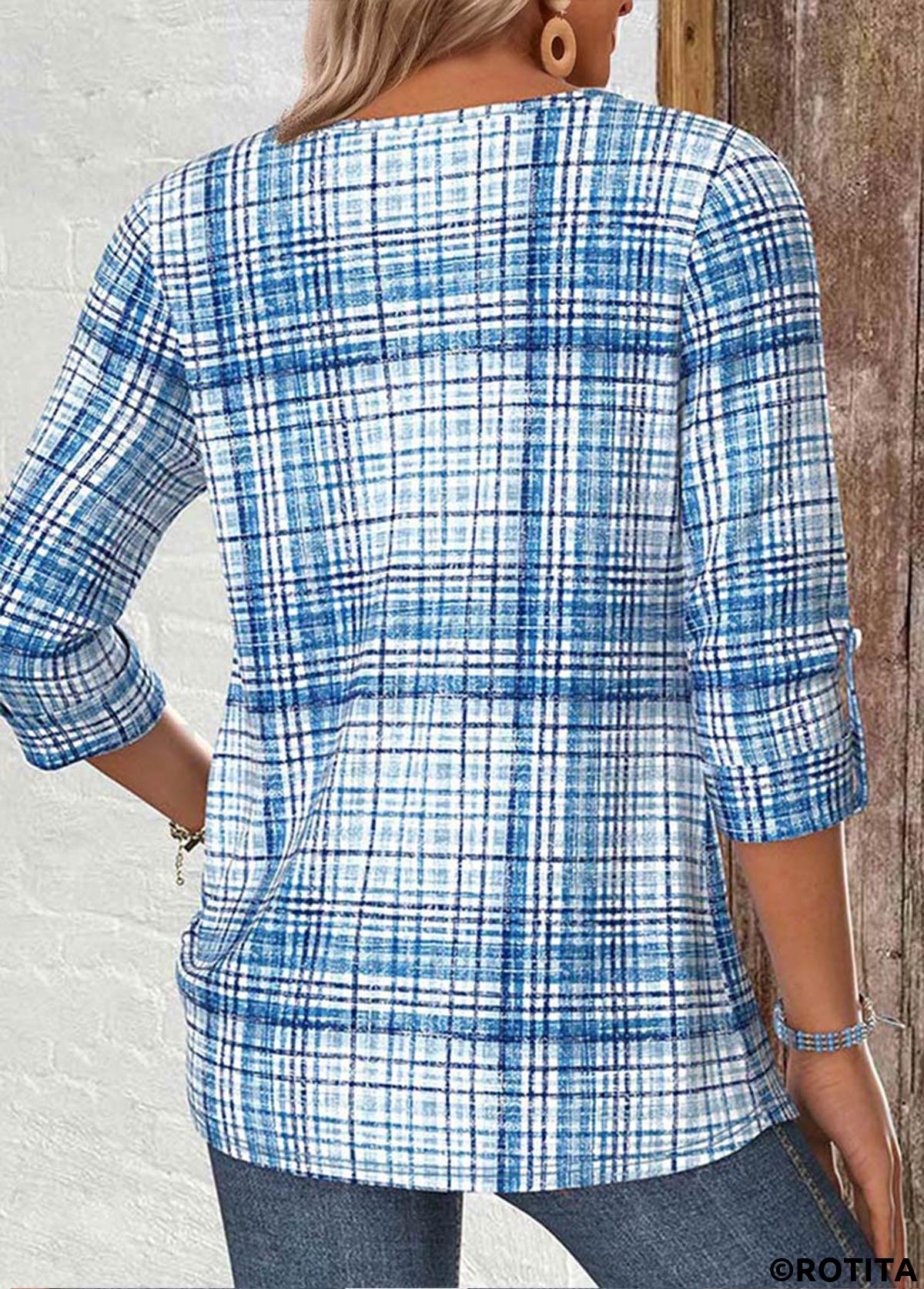 Light Blue tops,Plaid tops,Geometric tops,ROTITA Plaid Light Blue Split Neck Long Sleeve Shirt