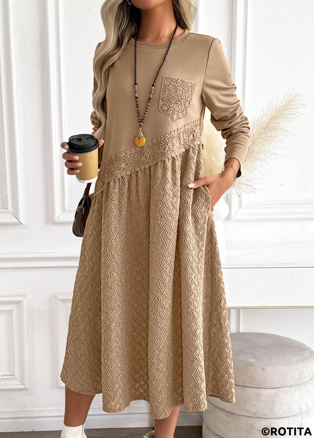 Dark Camel dresses,Plain Color dresses,Everyday dresses,Casual dresses,ROTITA Tummy Coverage Dark Camel Round Neck Long Sleeve Dress