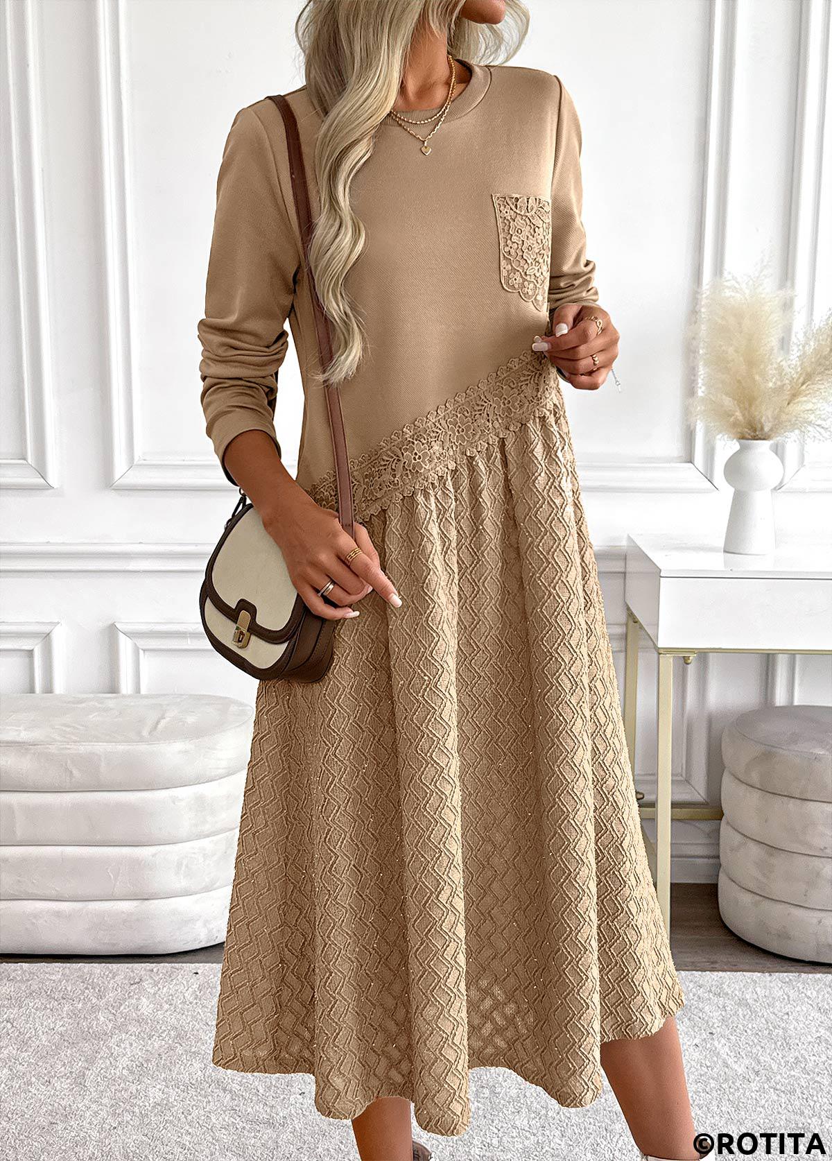 Dark Camel dresses,Plain Color dresses,Everyday dresses,Casual dresses,ROTITA Tummy Coverage Dark Camel Round Neck Long Sleeve Dress