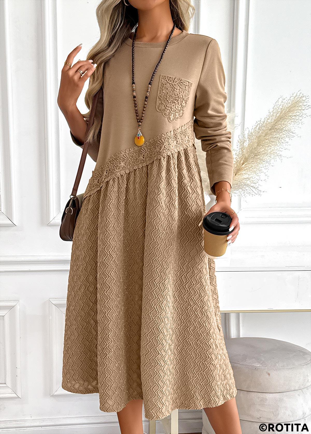 Dark Camel dresses,Plain Color dresses,Everyday dresses,Casual dresses,ROTITA Tummy Coverage Dark Camel Round Neck Long Sleeve Dress