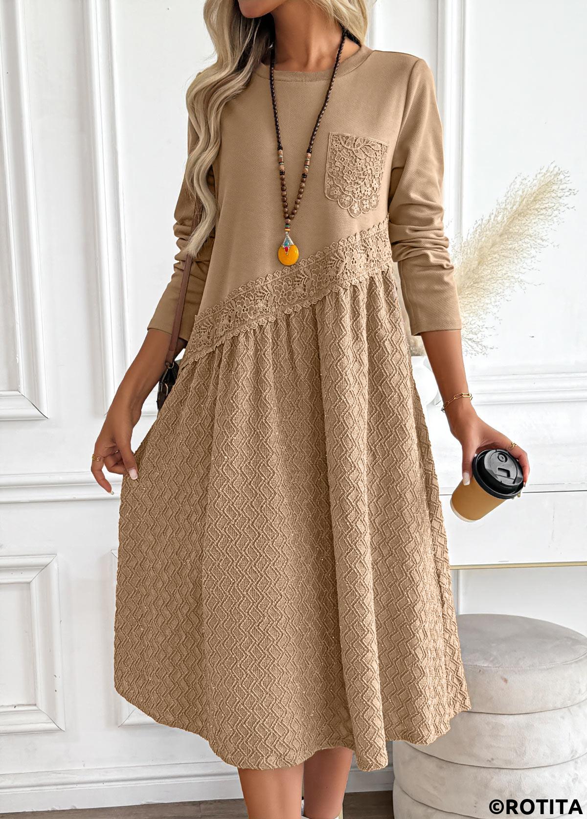 Dark Camel dresses,Plain Color dresses,Everyday dresses,Casual dresses,ROTITA Tummy Coverage Dark Camel Round Neck Long Sleeve Dress