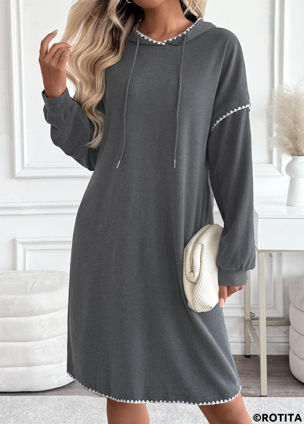 Dark Grey dresses,Plain Color dresses,Everyday dresses,Casual dresses,ROTITA Tummy Coverage Dark Grey Hooded Long Sleeve Dress