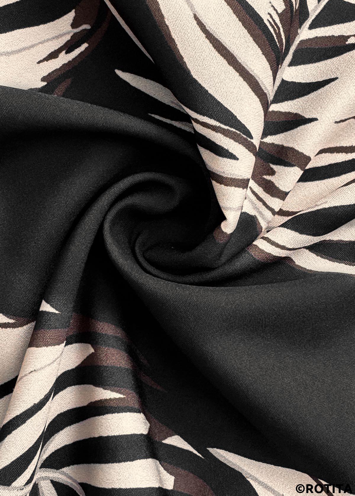 Black bottoms,Plants bottoms,Pocket Leaf Print Black Wide Leg Elastic Waist Pants