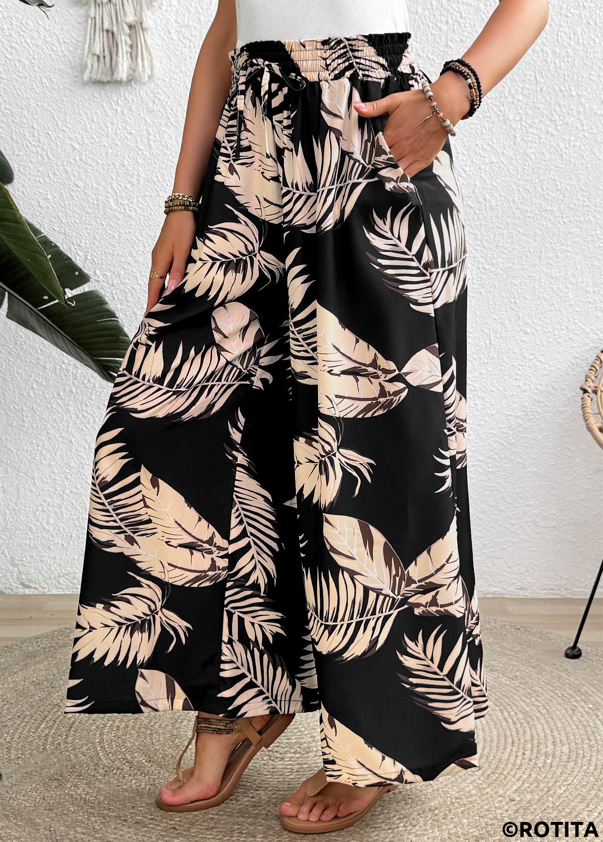 Black bottoms,Plants bottoms,Pocket Leaf Print Black Wide Leg Elastic Waist Pants
