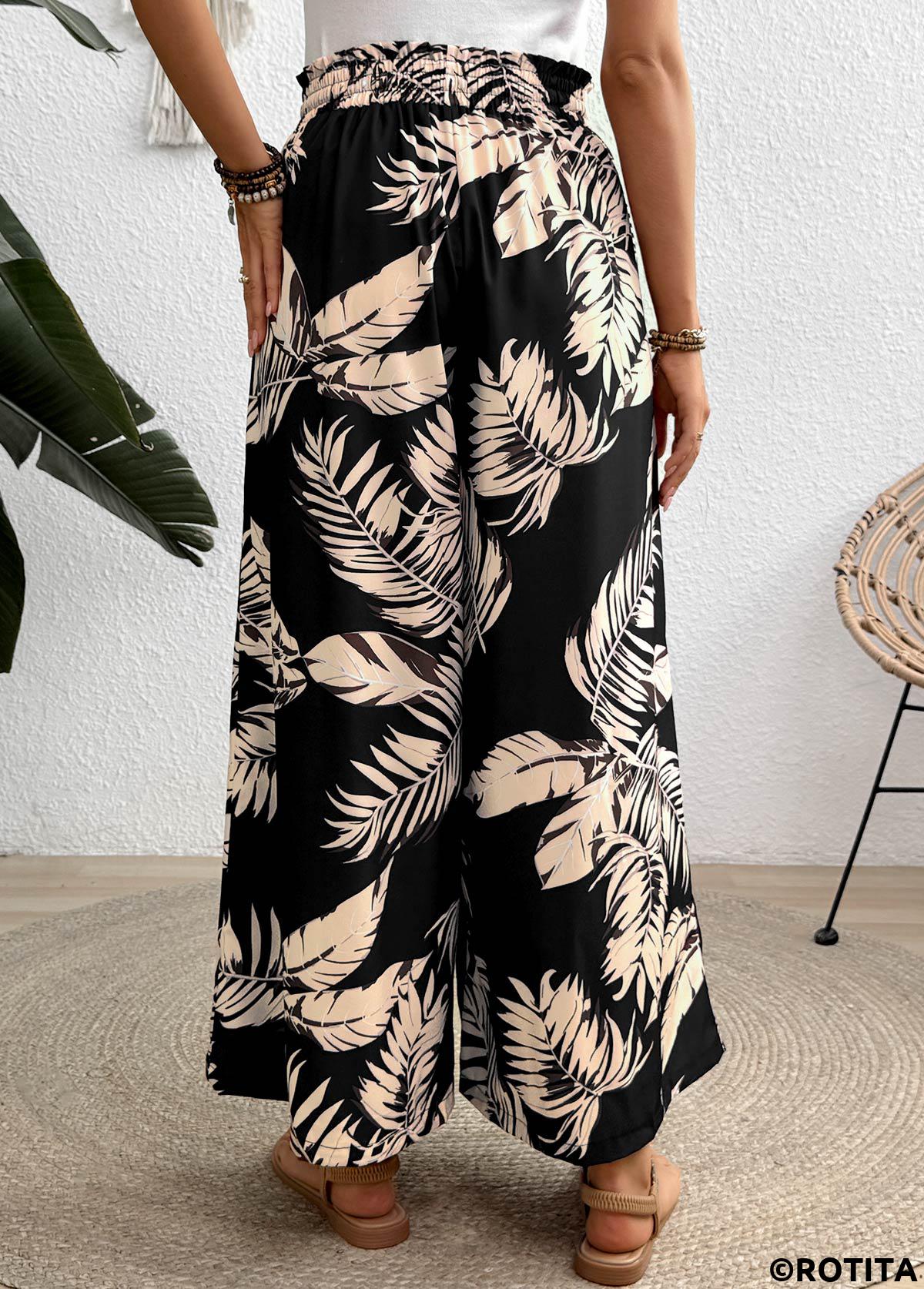 Black bottoms,Plants bottoms,Pocket Leaf Print Black Wide Leg Elastic Waist Pants