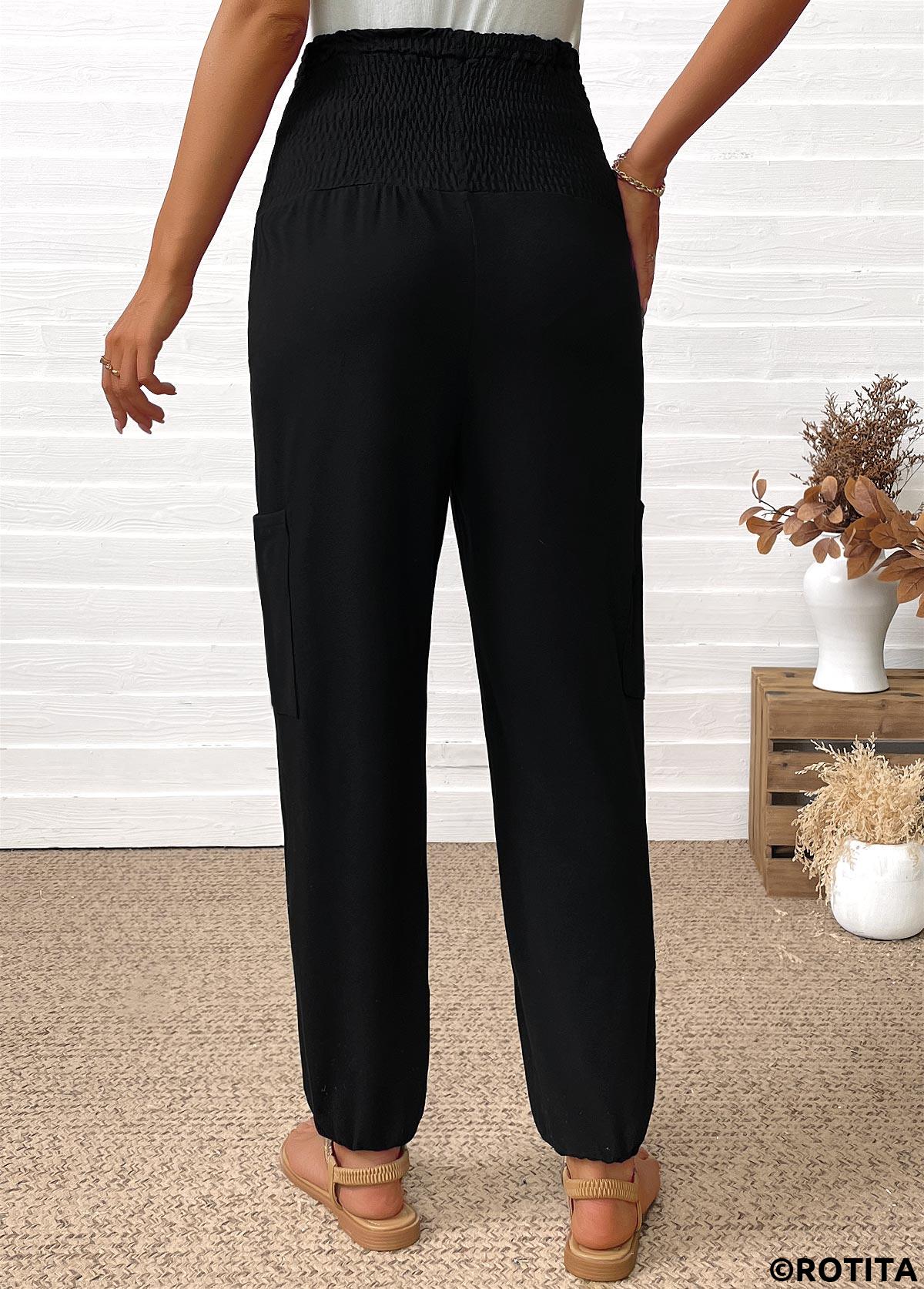 Black bottoms,Plain Color bottoms,Pocket Black Jogger Elastic Waist High Waisted Pants