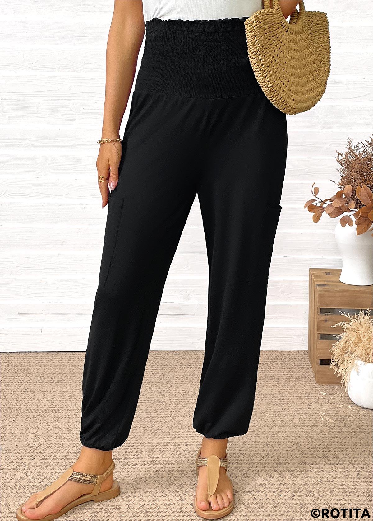 Black bottoms,Plain Color bottoms,Pocket Black Jogger Elastic Waist High Waisted Pants