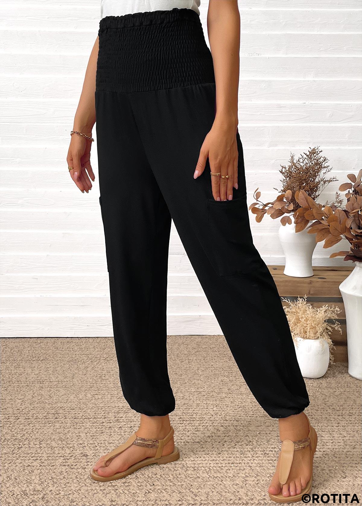 Black bottoms,Plain Color bottoms,Pocket Black Jogger Elastic Waist High Waisted Pants
